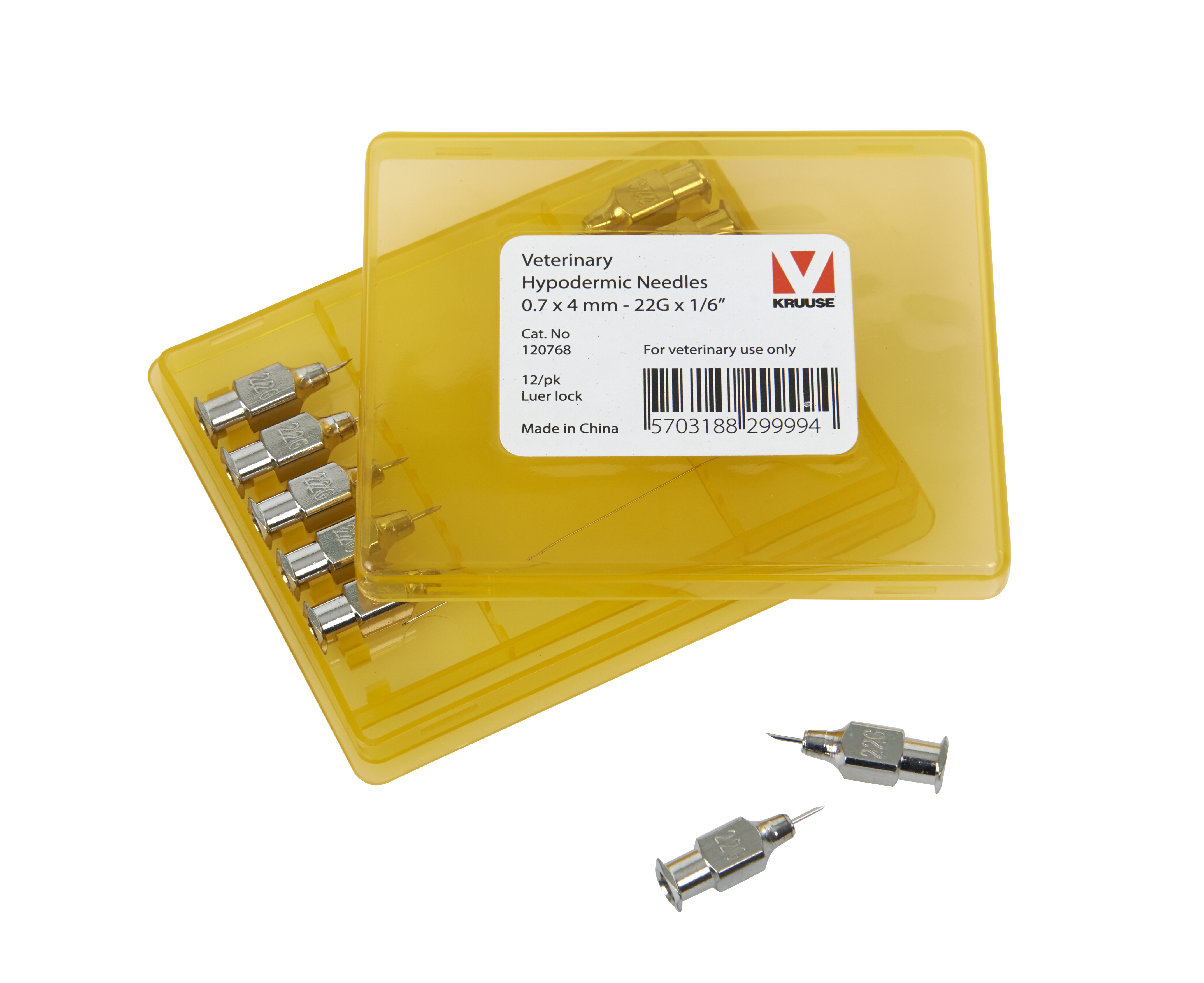 KRUUSE Vet Needles, 0.7 x 4 mm, 22G x 1/6, Luer Lock, 12/pk