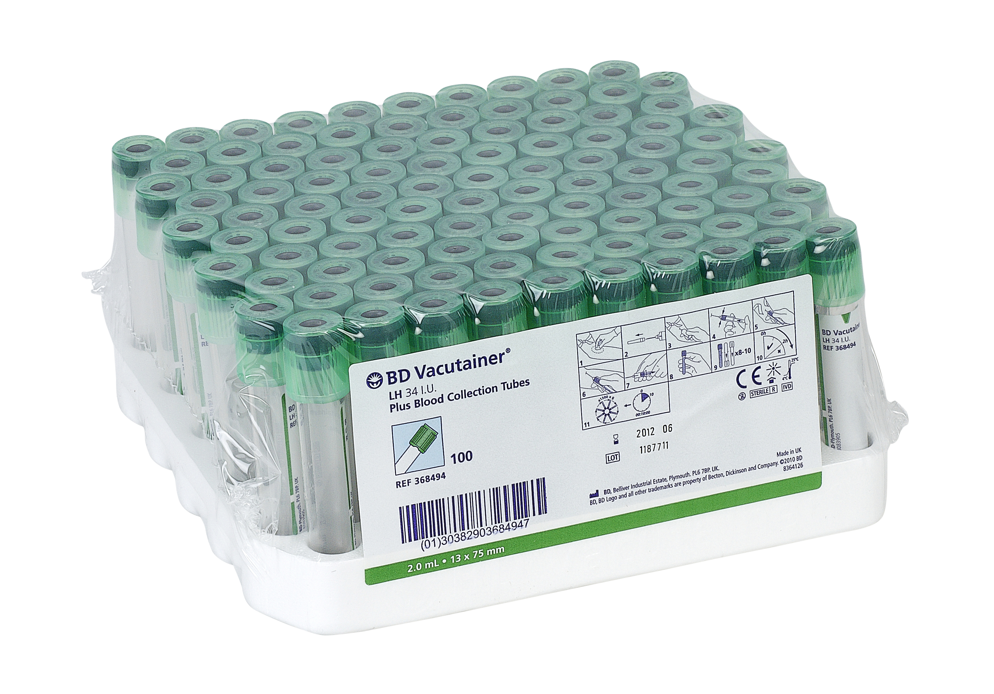 BD Vaccutainer, Lith/Hep Redu, 2 ml, 100/pk