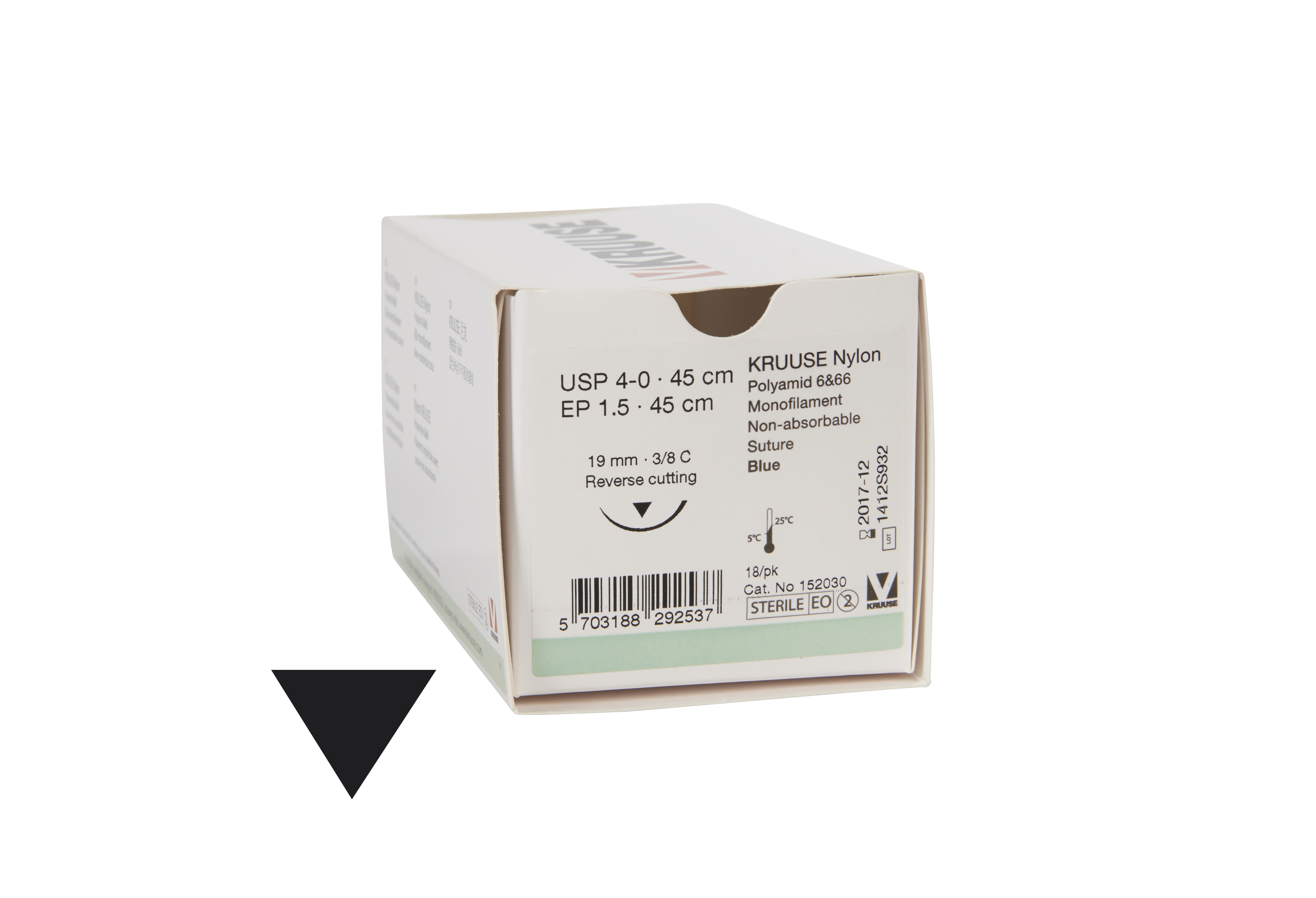 KRUUSE Nylon Suture, USP 4-0, 45 cm, blue, 19 mm needle, 3/8C, reverse cutting, 18/pk