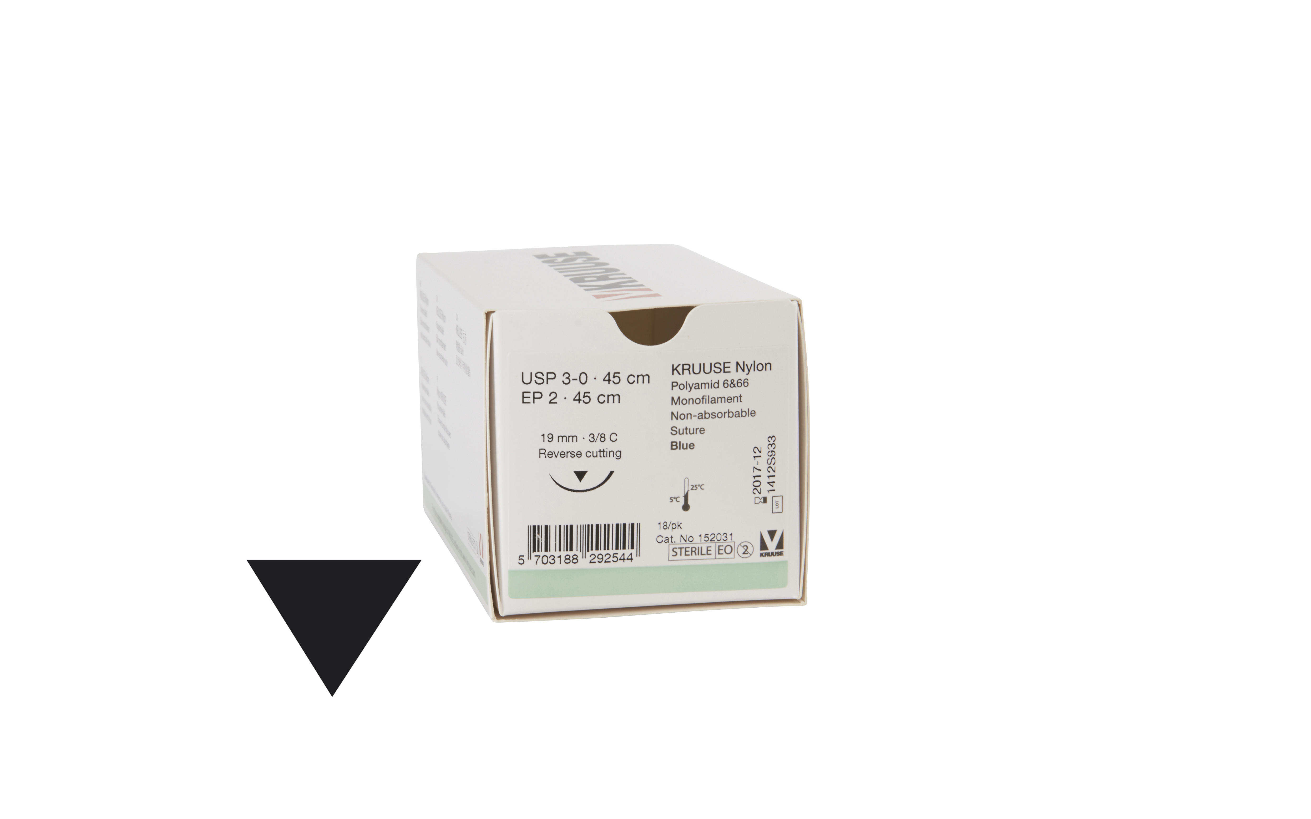 KRUUSE Nylon Suture, USP 3-0, 45 cm, blue, 19 mm needle, 3/8C, reverse cutting, 18/pk