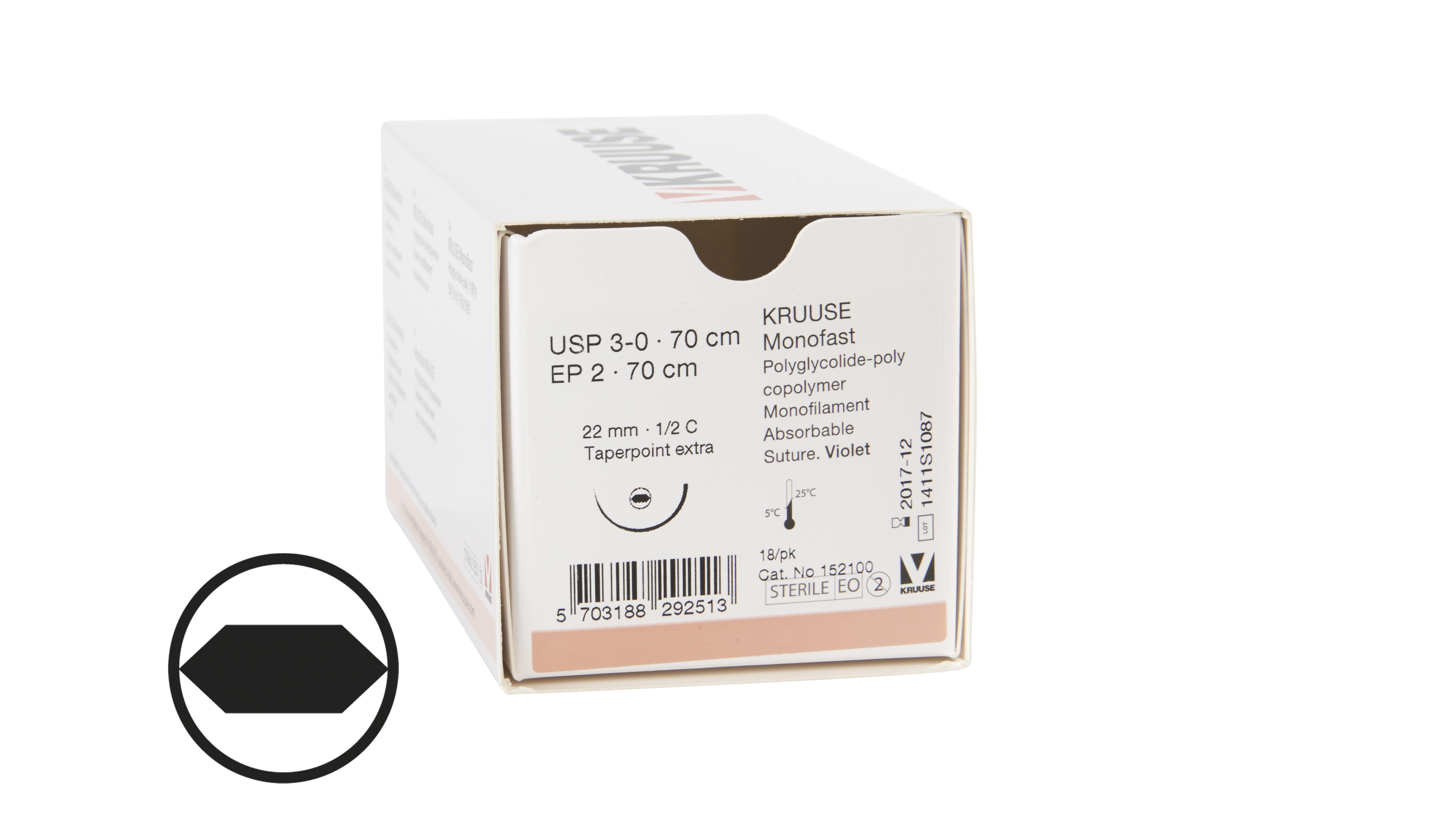 KRUUSE Monofast suture, USP 3-0, 70 cm, violet, 22 mm needle, ½C, round bodied taperpoint extra, 18/pk