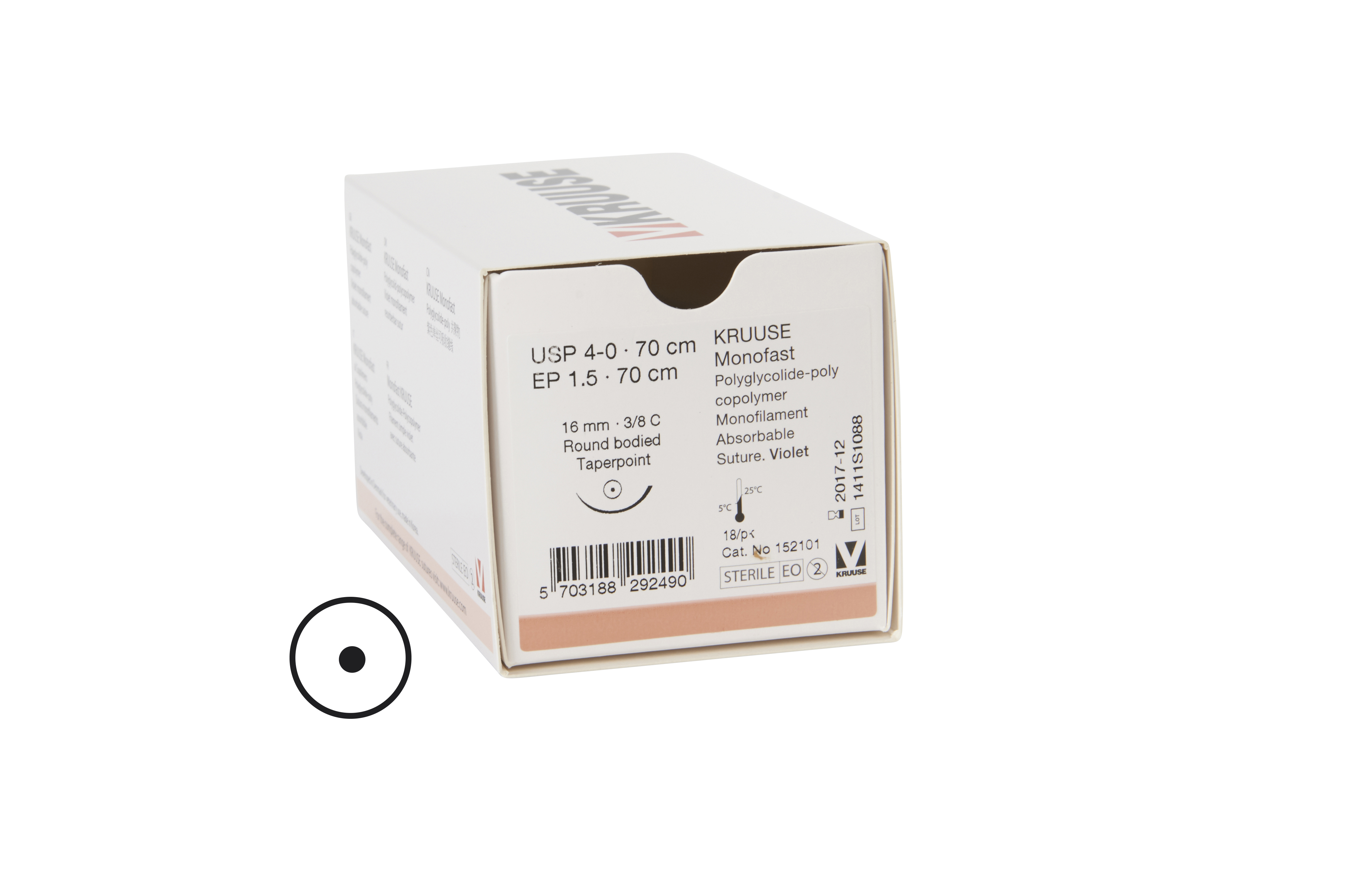 KRUUSE Monofast Suture, USP 4-0, 70 cm, violet, 16 mm needle, 3/8 C, round bodied taperpoint, 18/pk