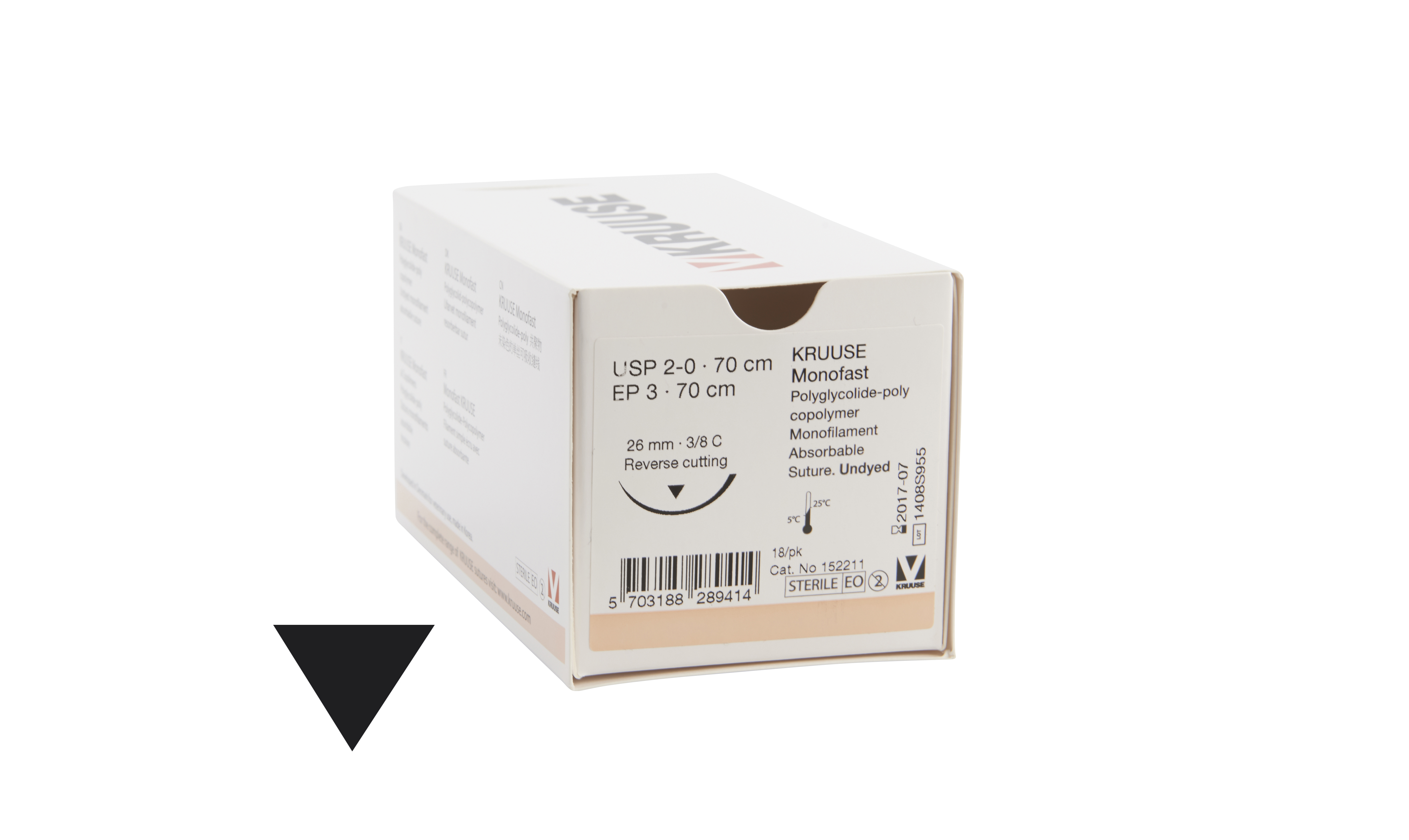 KRUUSE Monofast Suture, USP 2-0, 70 cm, undyed, 26 mm needle, 3/8 C, RC, 18/pk