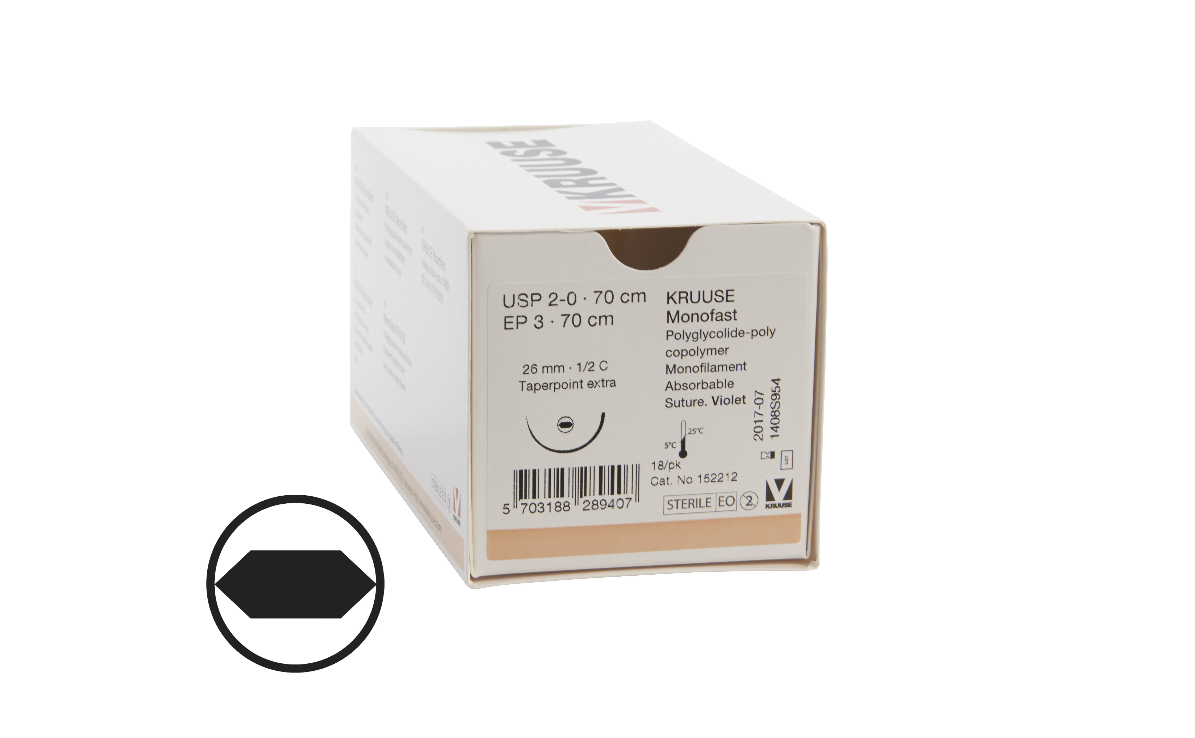 KRUUSE Monofast Suture, USP 2-0, 70 cm, violet, 26 mm needle, ½ C, RB, Taperpoint extra, 18/pk