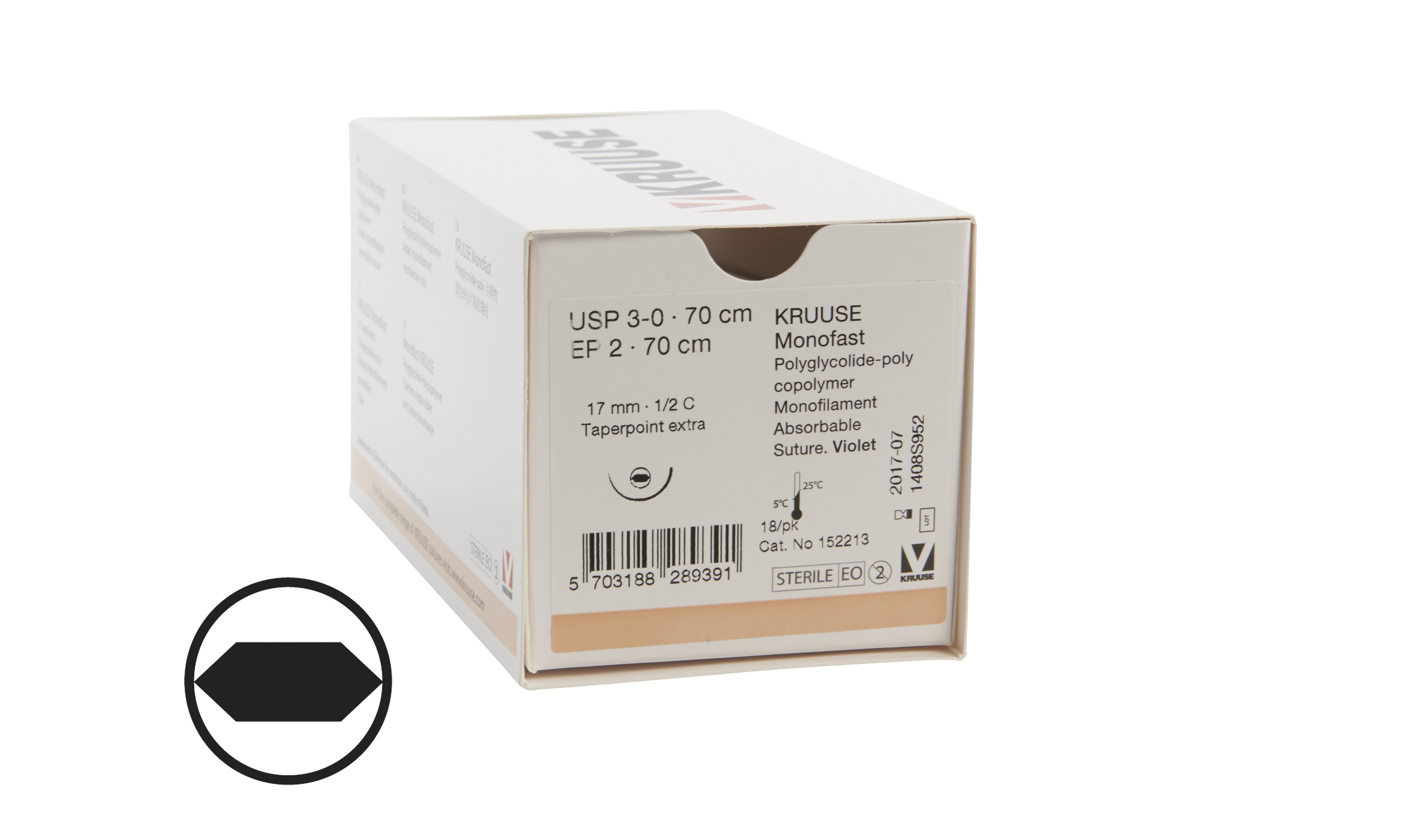 KRUUSE Monofast Suture, USP 3-0, 70 cm, 17 mm needle, ½ C, RB, Taperpoint Plus, 18/pk