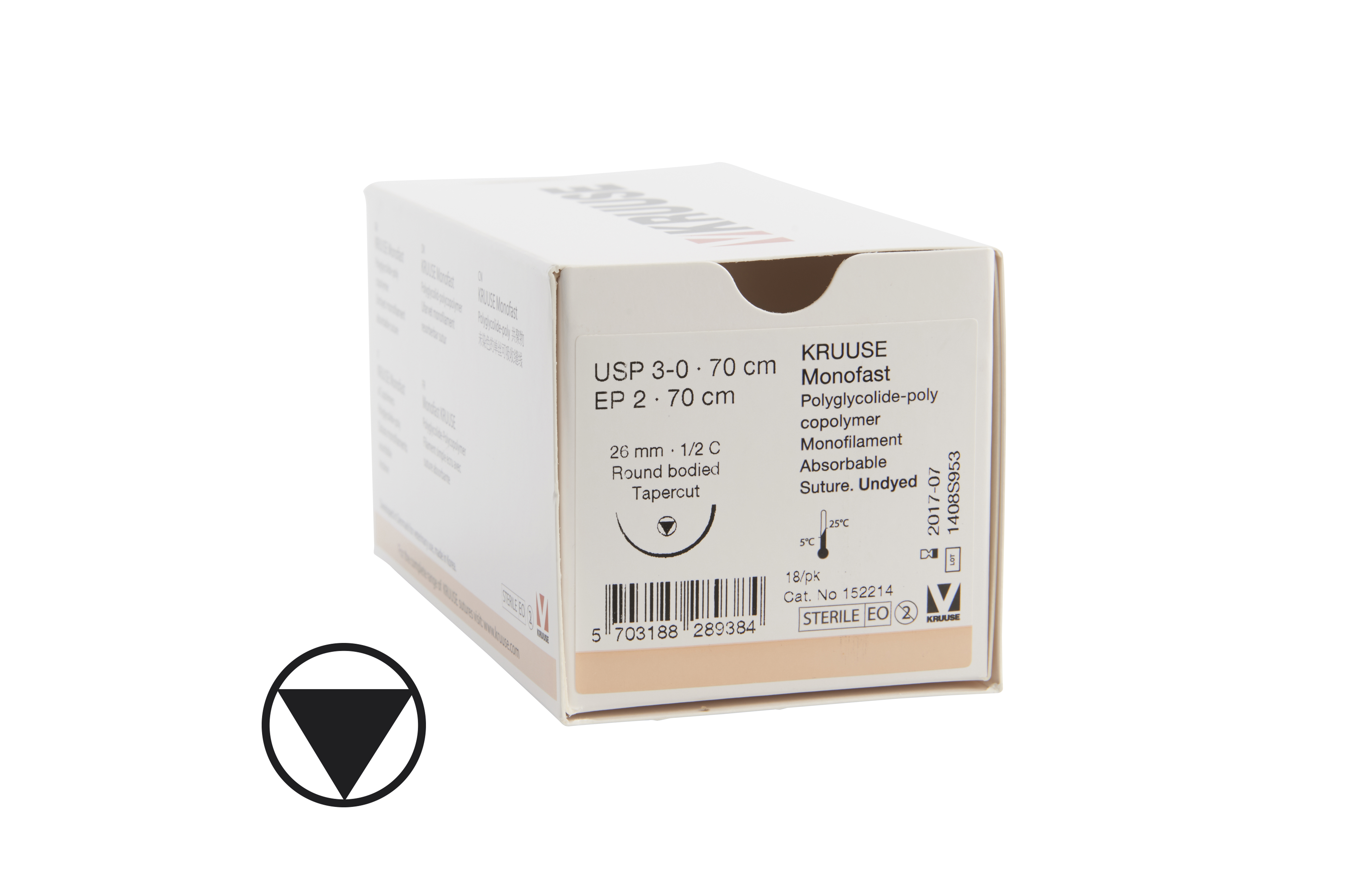 KRUUSE Monofast Suture, USP 3-0, 70 cm, undyed, 26 mm needle, ½ C, RB, Tapercut, 18/pk