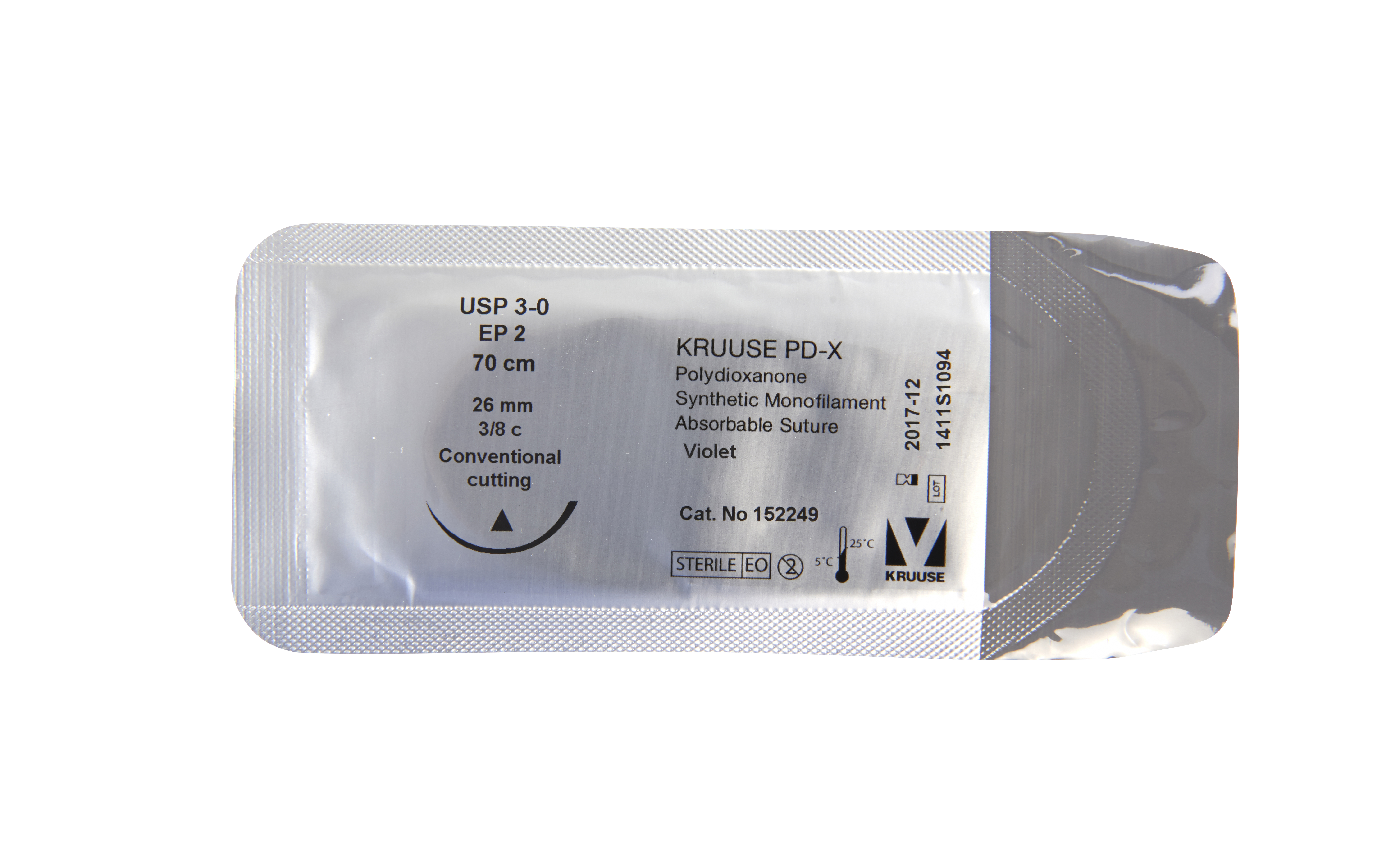 KRUUSE PD-X Suture, USP 3-0, 70 cm, purple, 26 mm needle, 3/8C, conv. cut., 18/pk