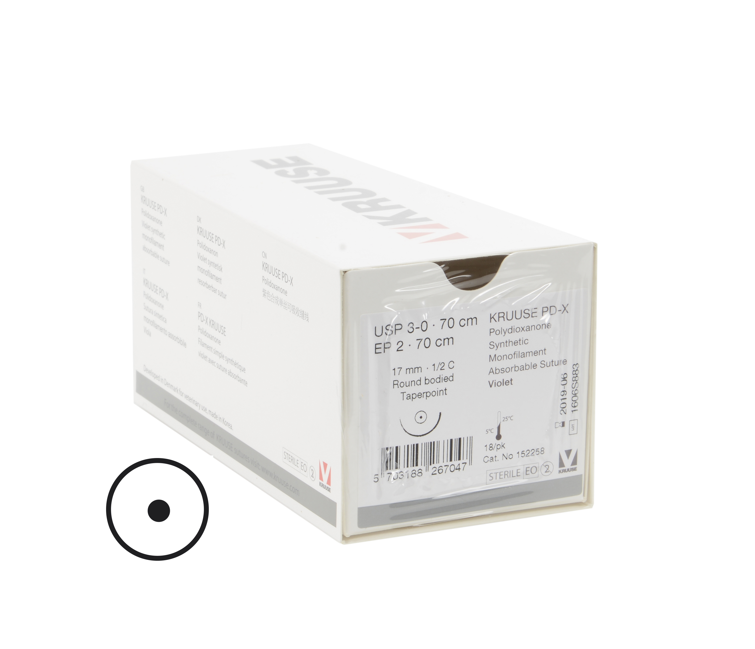 KRUUSE PD-X Suture, USP 3-0/EP 2, 70 cm, violet, needle: 17 mm, ½ C, RB, taper-point, 18/pk