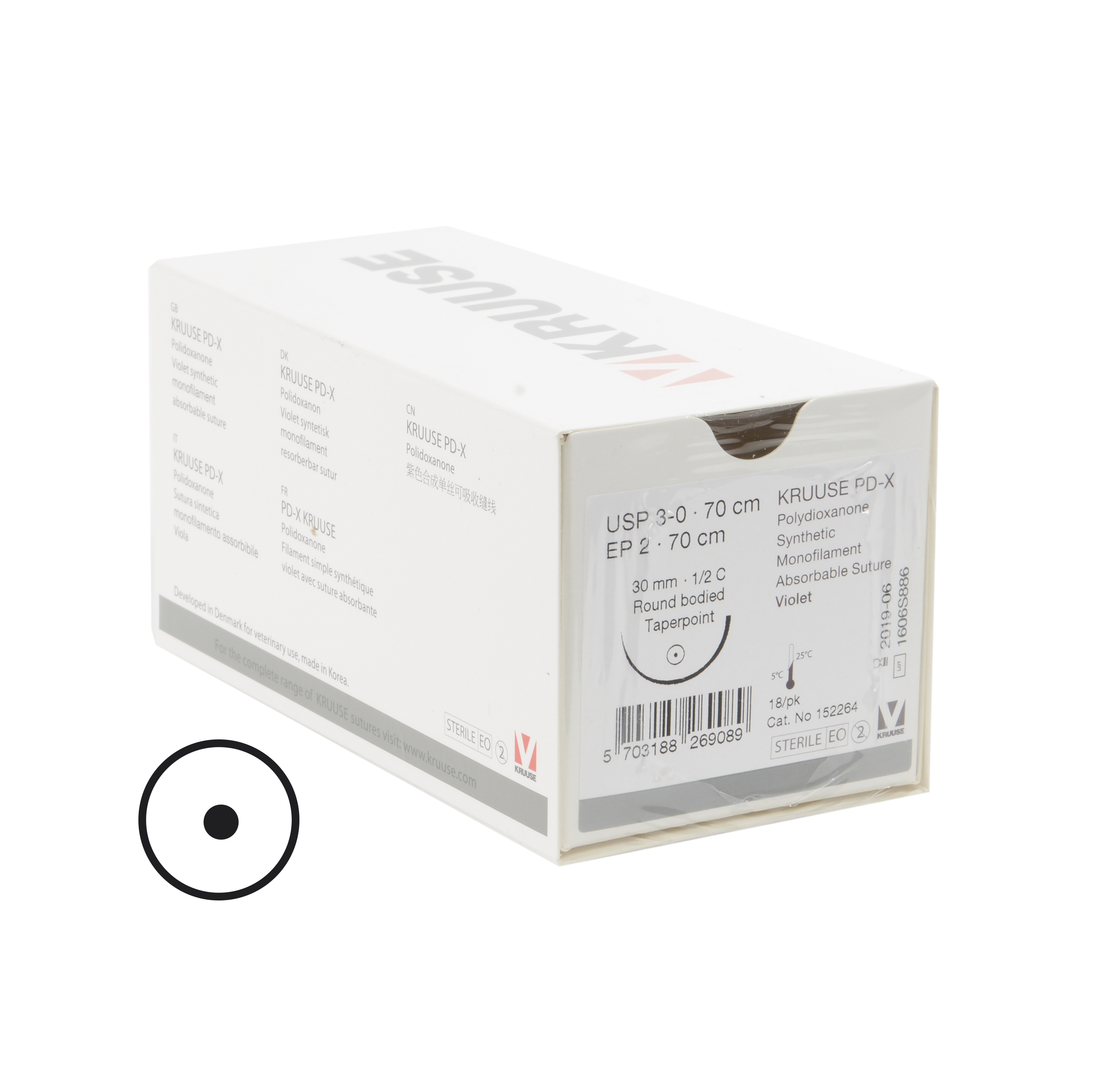 KRUUSE PD-X Suture, USP 3-0/EP 2, 70 cm, needle: 30 mm, ½ C, Round Bodied, taper-point, 18/pk