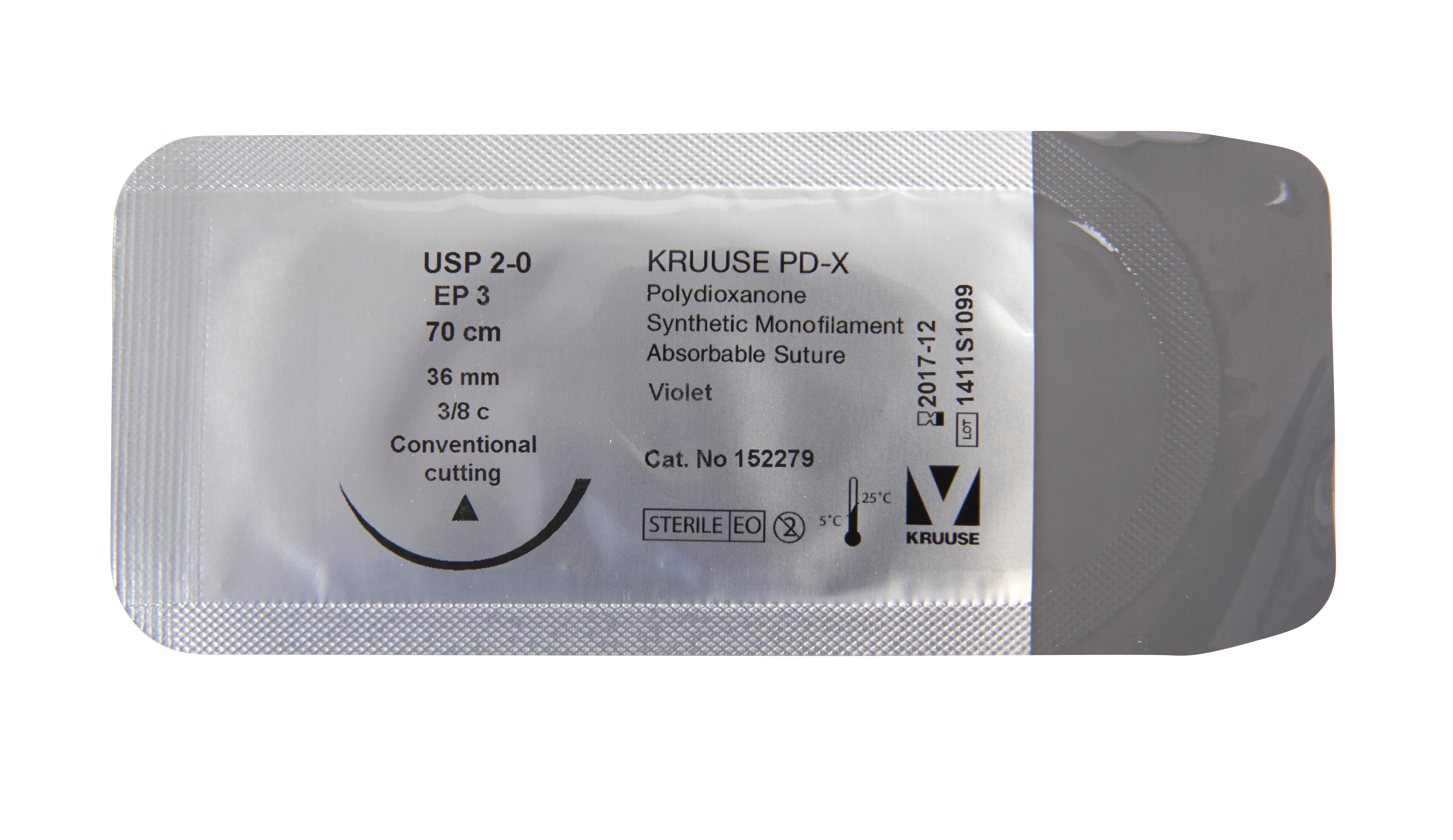 KRUUSE PD-X Suture, USP 2-0, 70 cm, purple, 36 mm needle, 3/8C, conv. cut., 18/pk