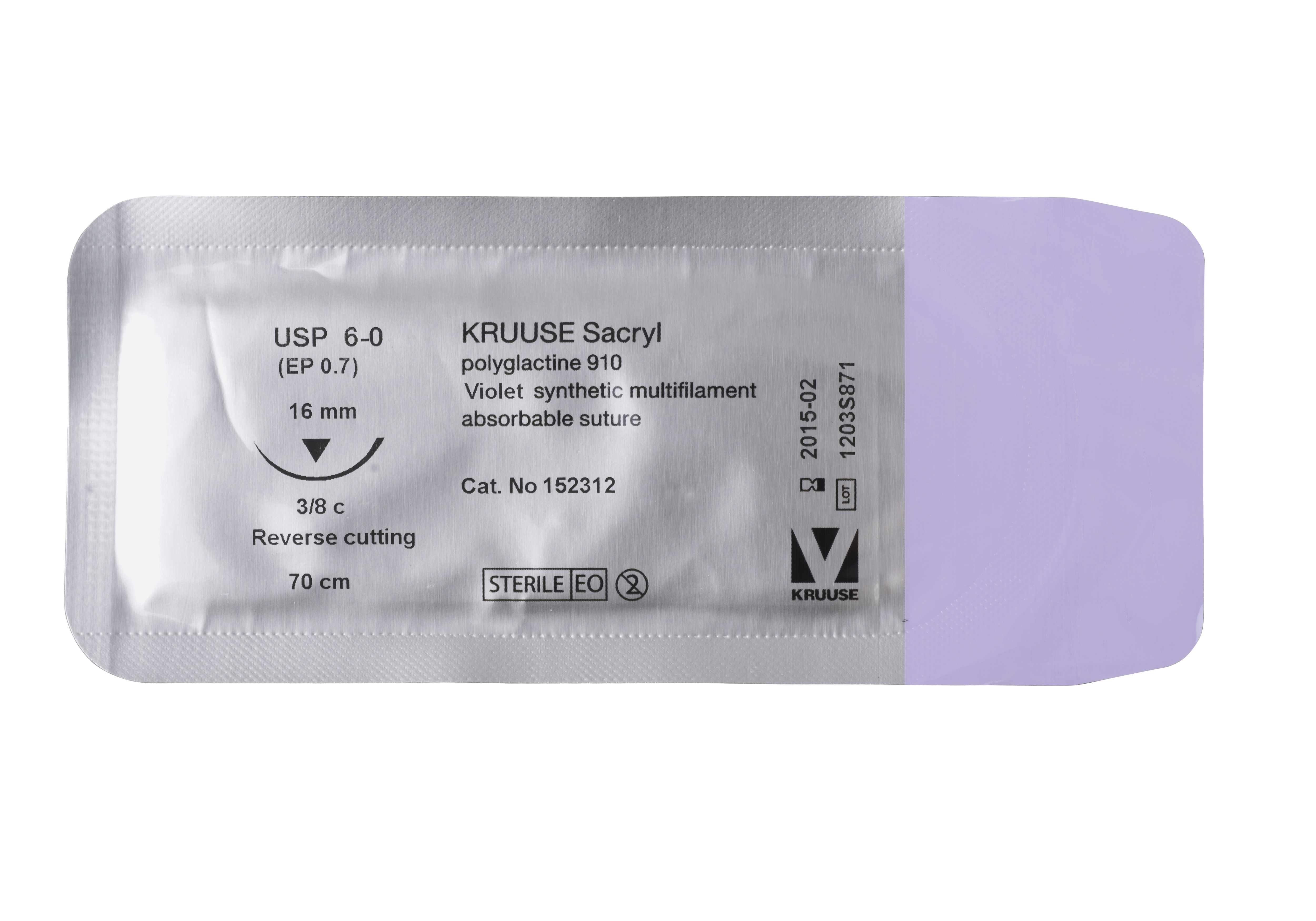 KRUUSE Sacryl Suture, USP 6-0, 70 cm, needle: 16 mm, reverse cutting, 3/8 circle, 18/pk