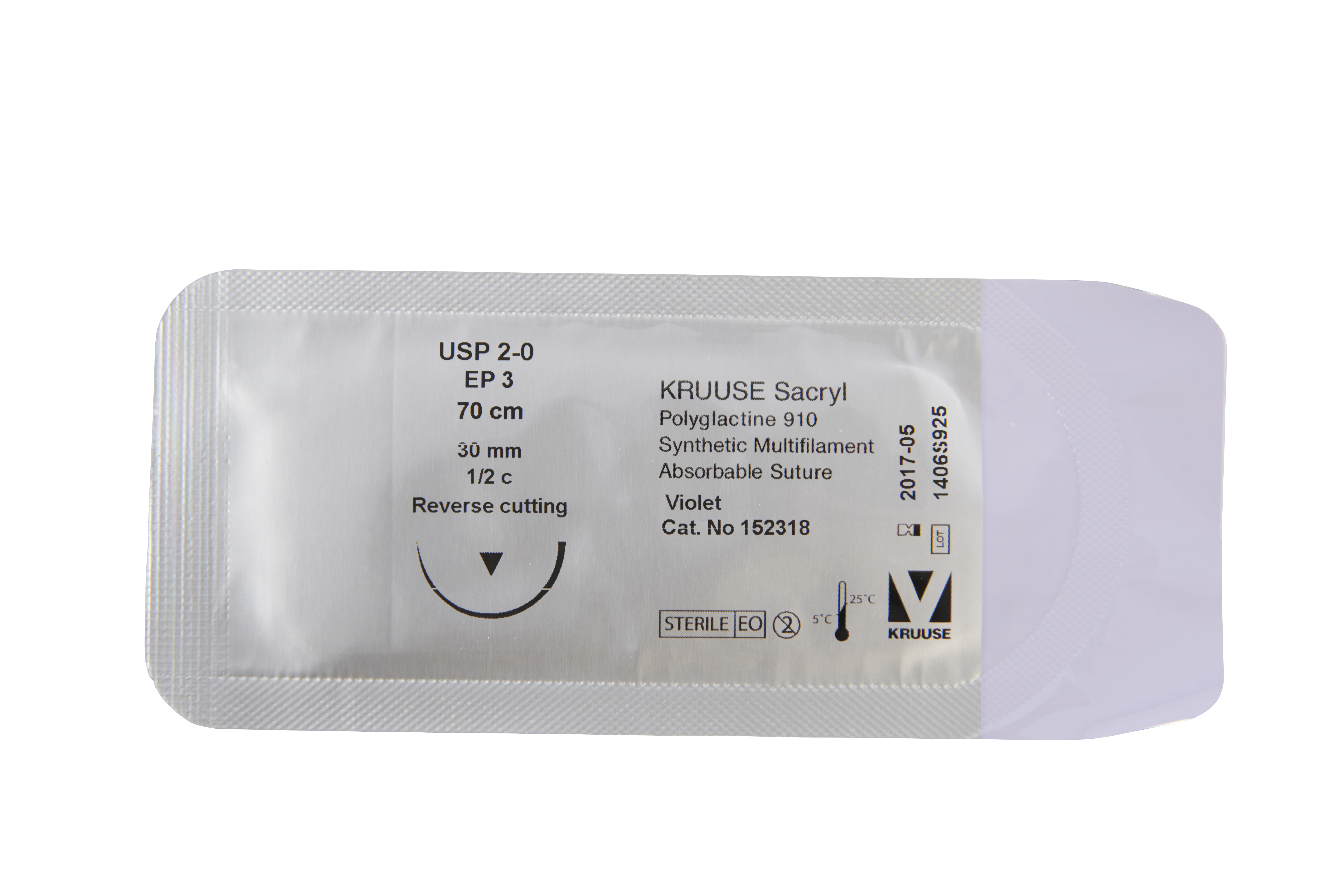 KRUUSE Sacryl Suture, USP 2-0, 70 cm, 30 mm, ½C, RC, 18/pk
