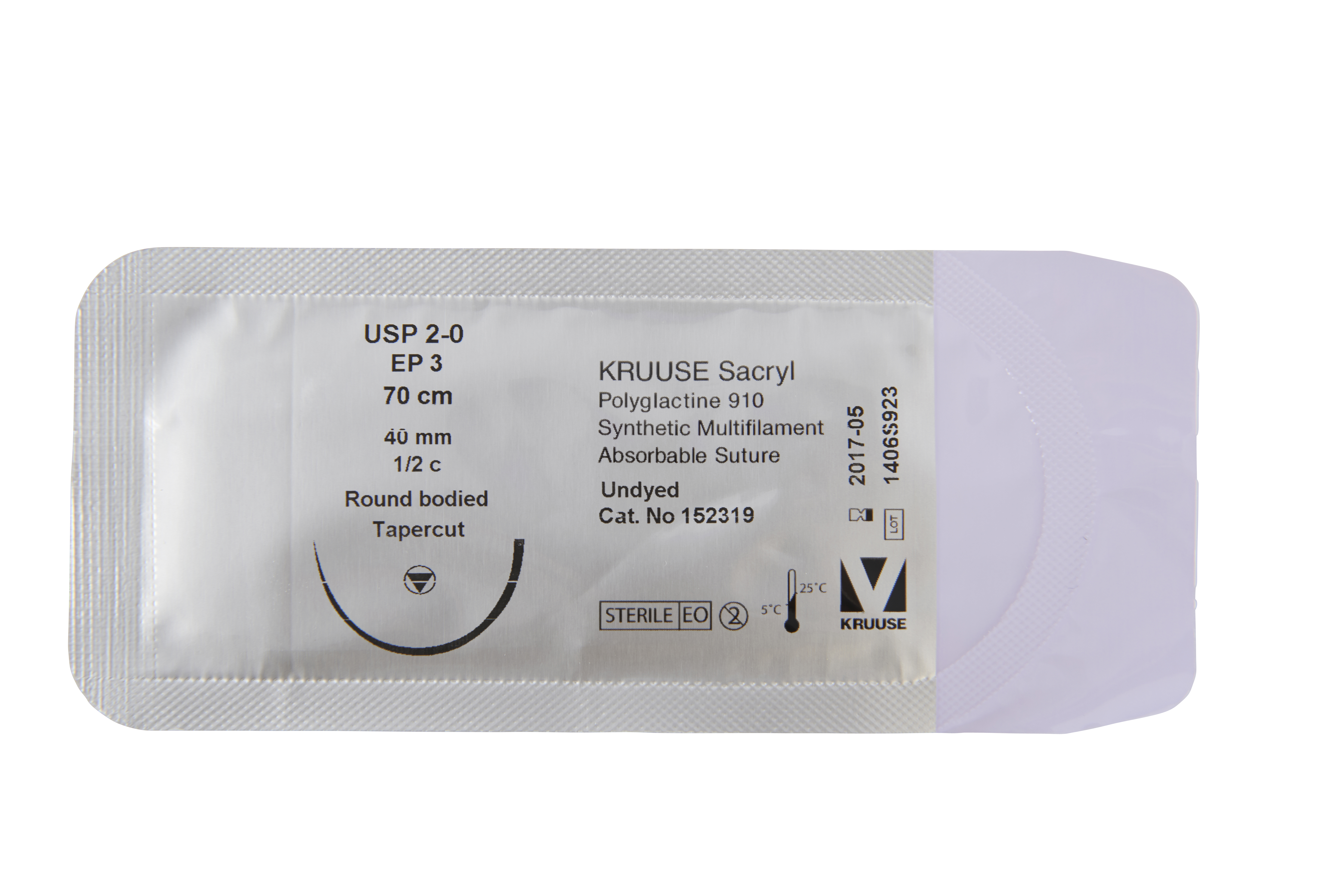 KRUUSE Sacryl Suture, USP 2-0, 70 cm (undyed), 40 mm, ½C, RB tapercut, 18/pk