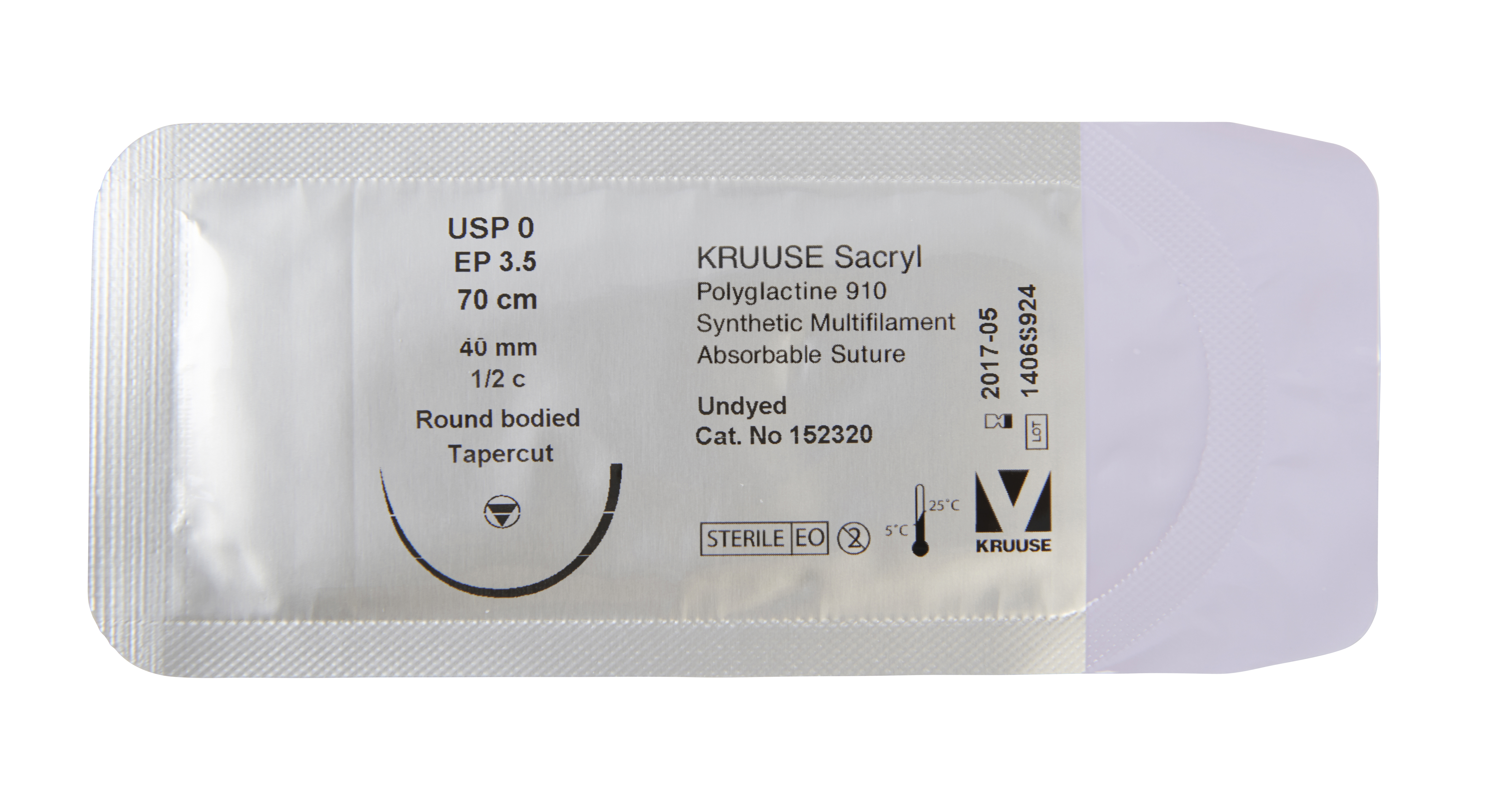 KRUUSE Sacryl Suture, USP 0, 70 cm (undyed), 40 mm, ½C, RB, tapercut, 18/pk