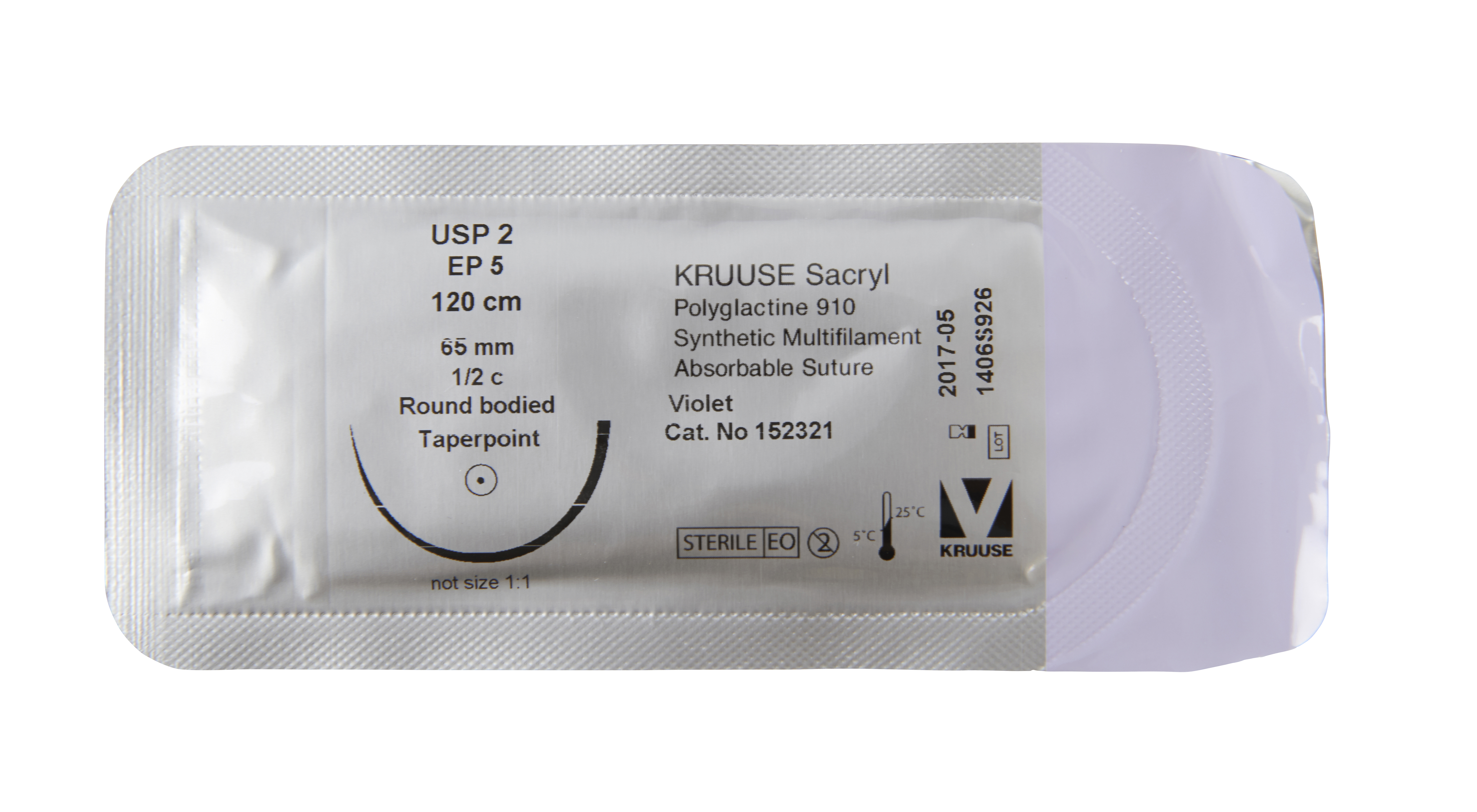 KRUUSE Sacryl Suture, USP 2, 120 cm (loop), 65 mm, ½C, RB, taperpoint, 18/pk