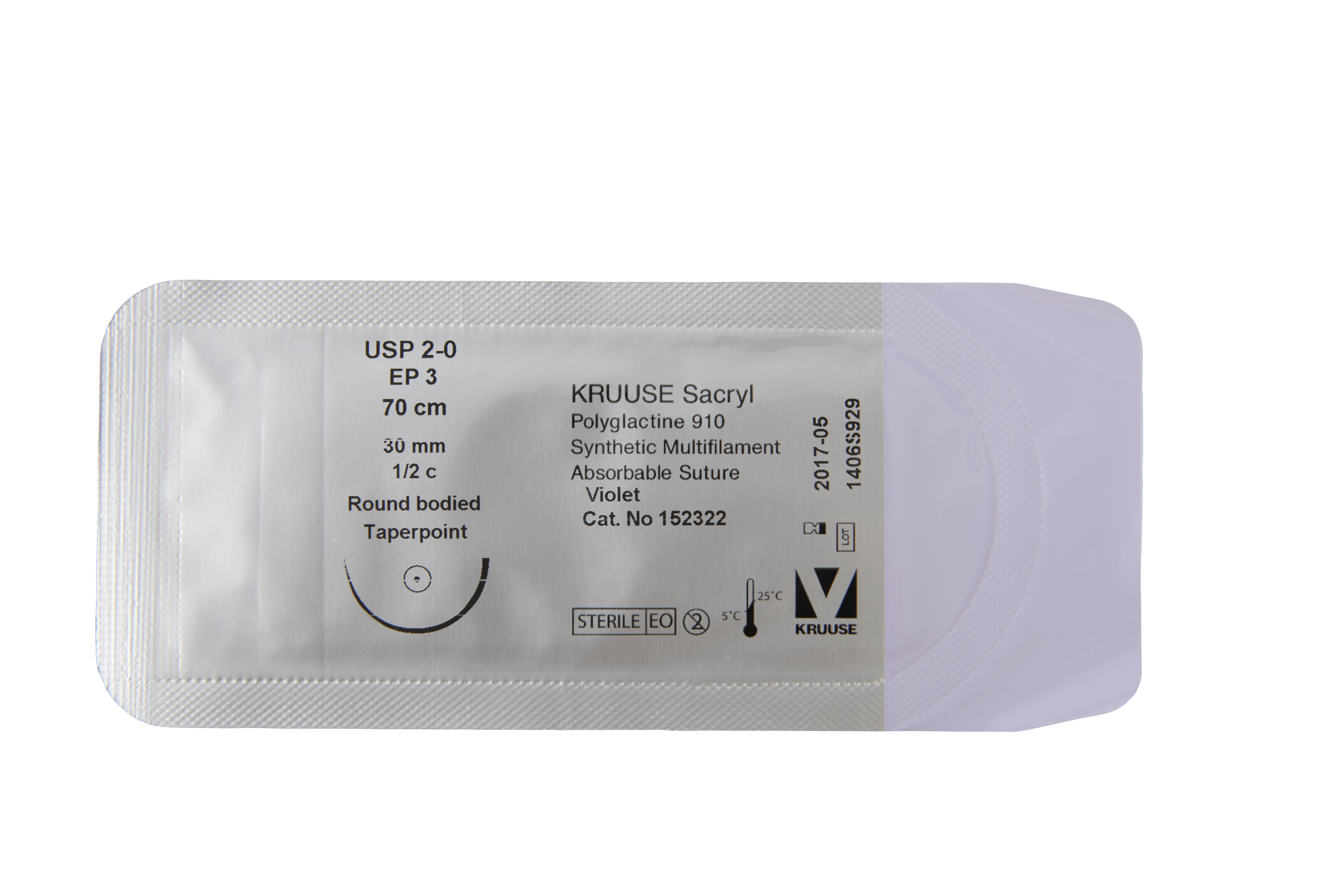 KRUUSE Sacryl Suture, USP 2-0, 70 cm, 30 mm, ½C, RB, taperpoint, 18/pk
