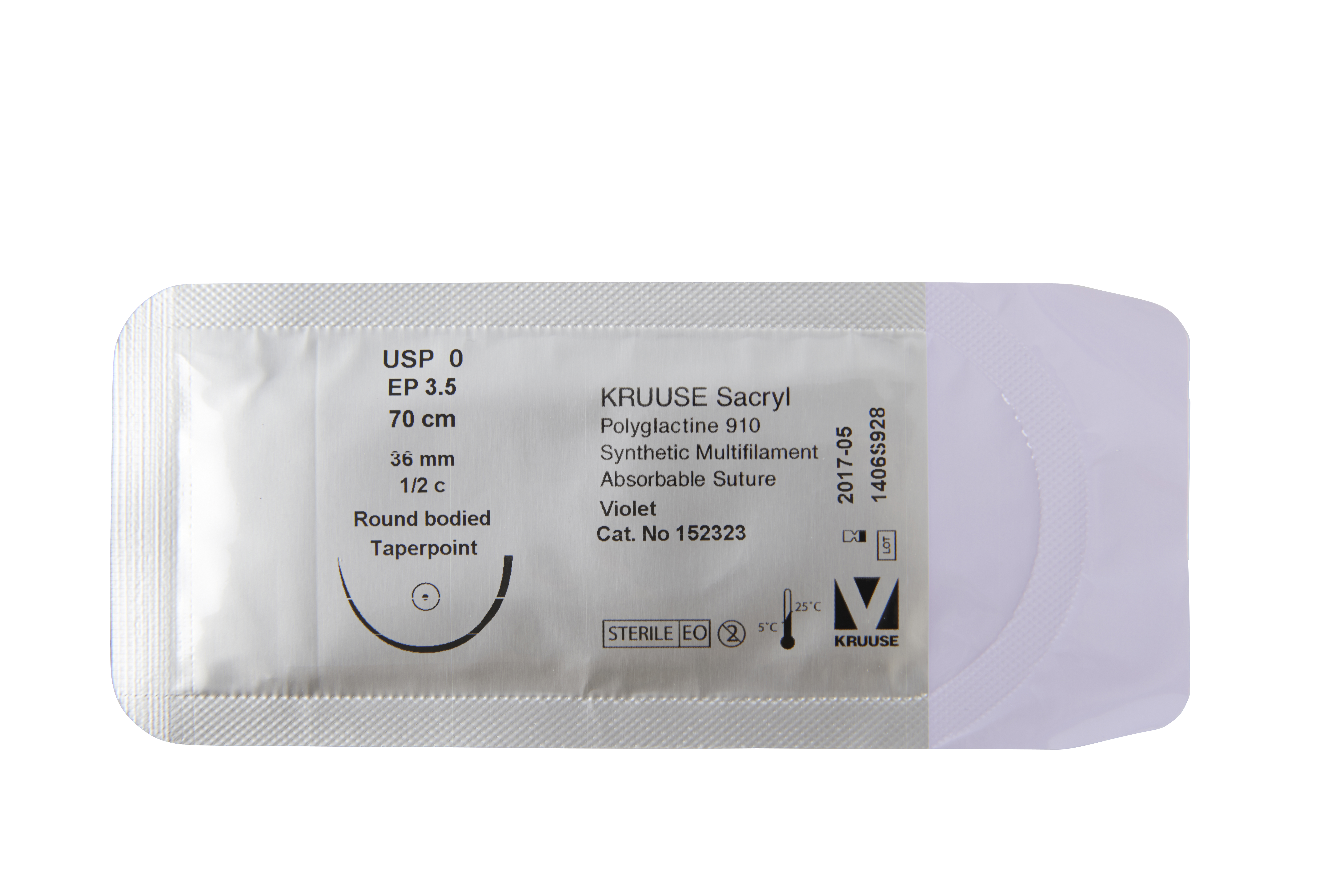 KRUUSE Sacryl Suture, USP 0, 70 cm, 36 mm, ½C, RB, taperpoint, 18/pk