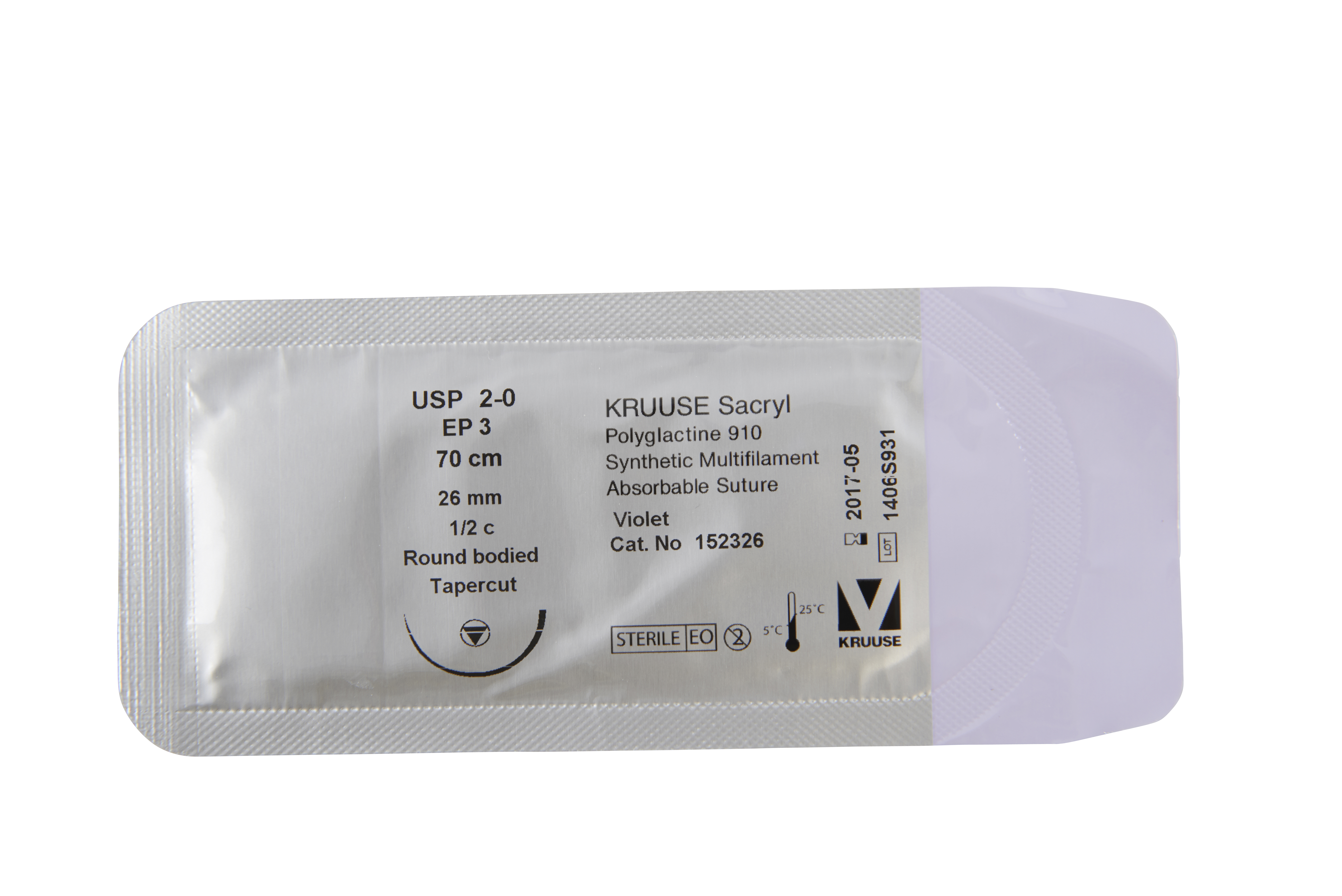 KRUUSE Sacryl Suture, USP 2-0, 70 cm, 26 mm, ½C, RB, tapercut needle, 18/pk