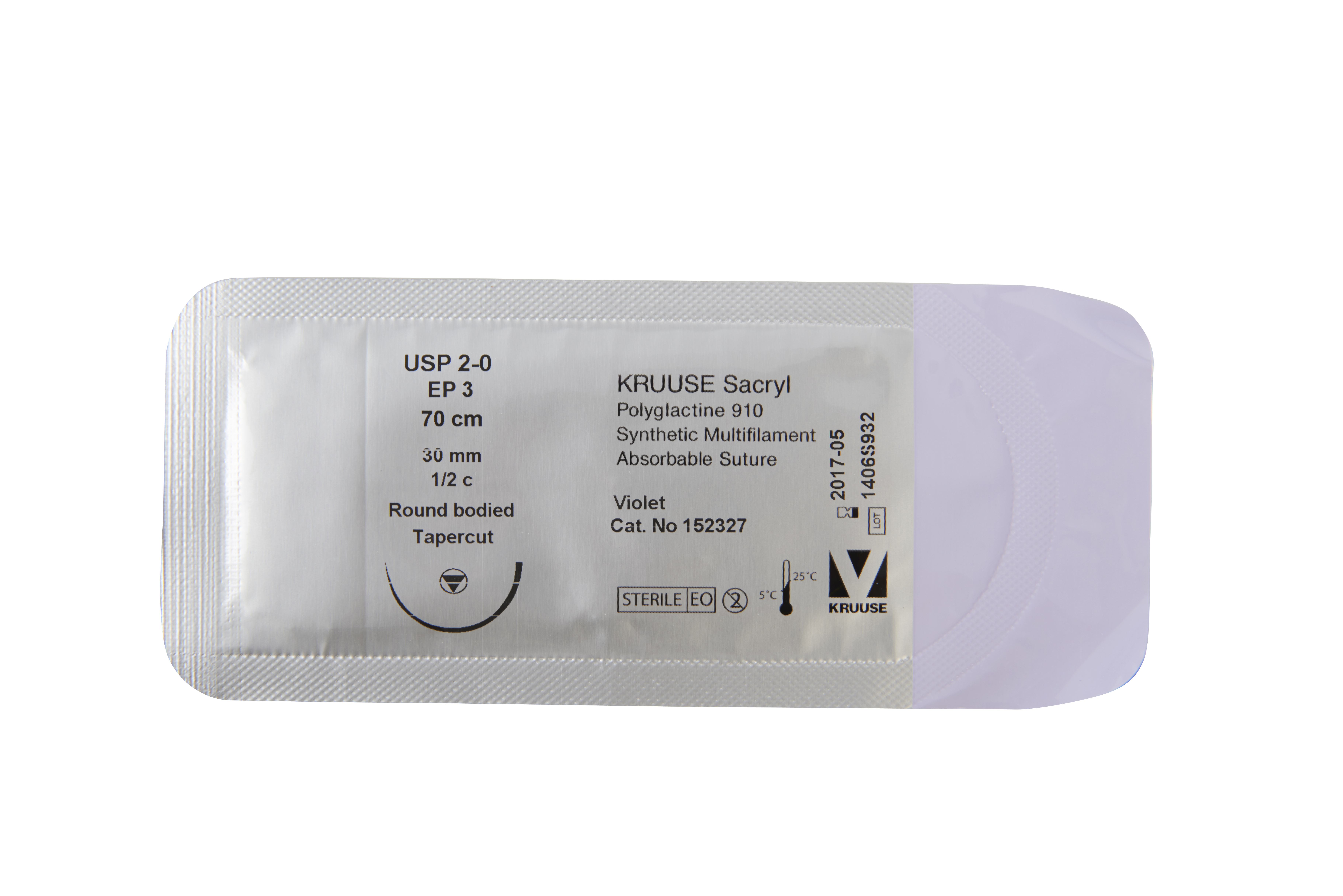 KRUUSE Sacryl Suture, USP 2-0, 70 cm, 30 mm, ½C, RB tapercut needle, 18/pk