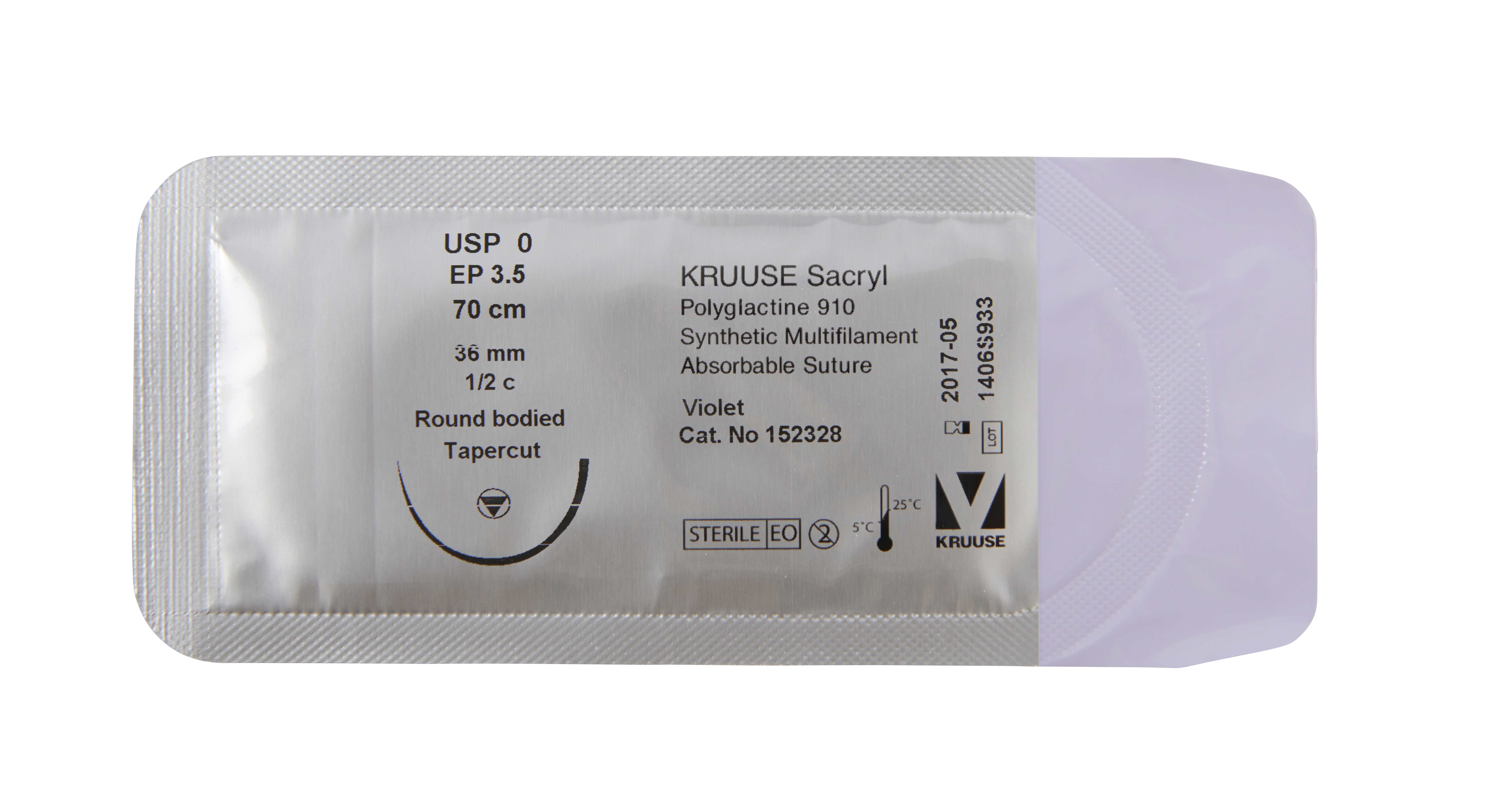 KRUUSE Sacryl Suture, USP 0, 70 cm, 36 mm, ½C, RB tapercut needle, 18/pk