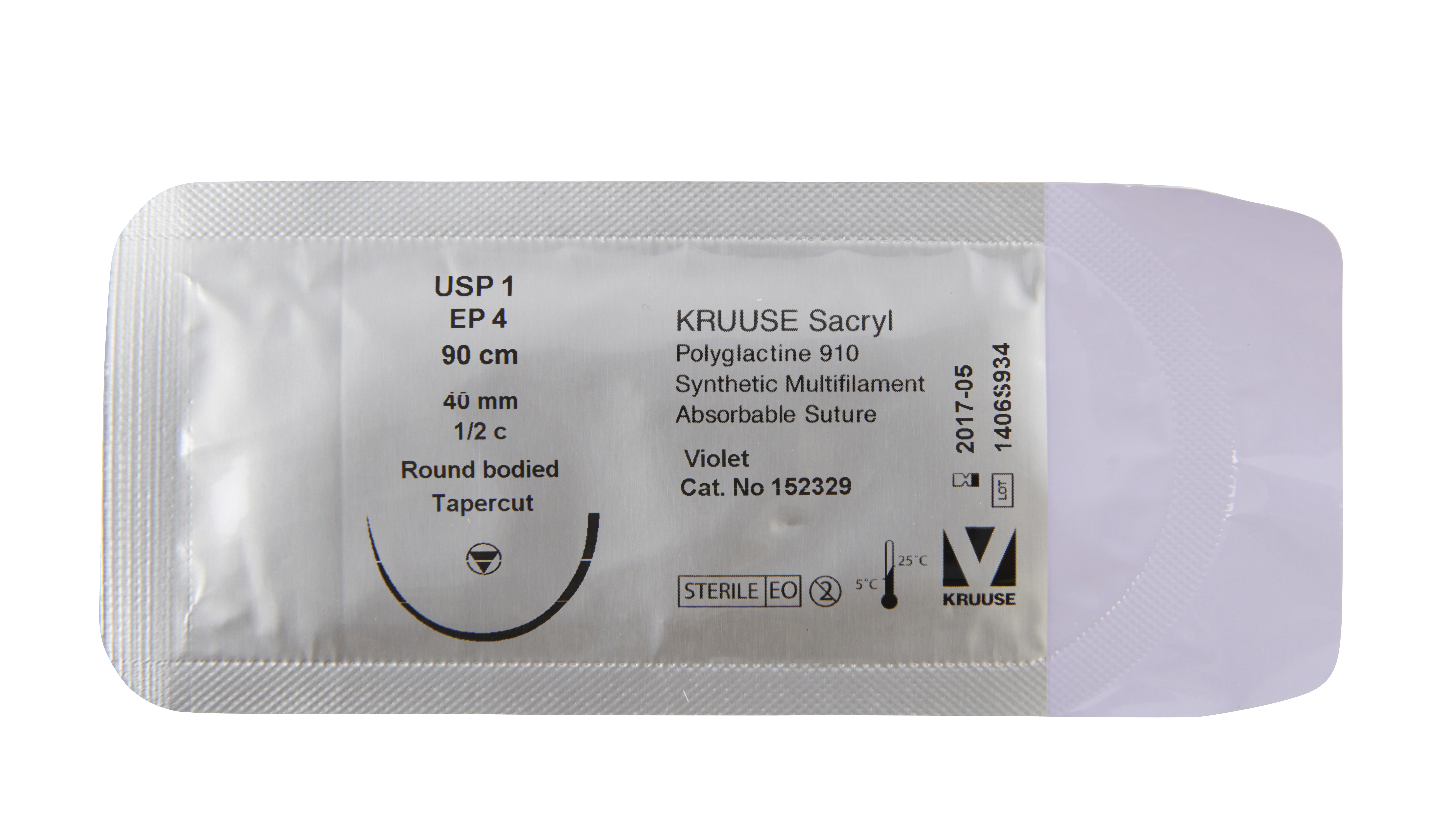 KRUUSE Sacryl Suture, USP 1, 90 cm, 40 mm, ½C, RB tapercut needle, 18/pk