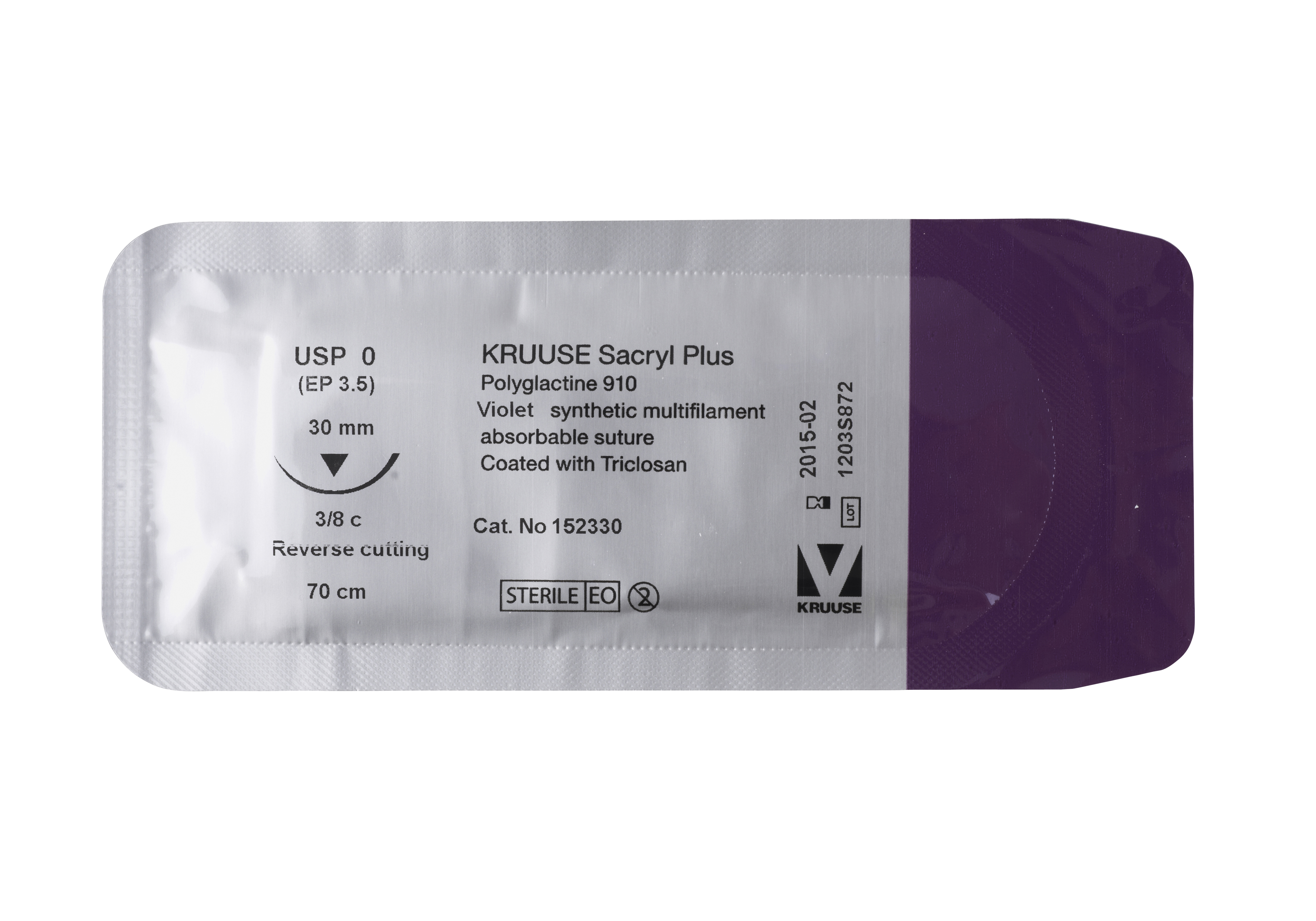 KRUUSE Sacryl Plus Suture, USP 0, 70 cm, 30 mm needle: reverse cutting, 3/8 circle, 18/pk