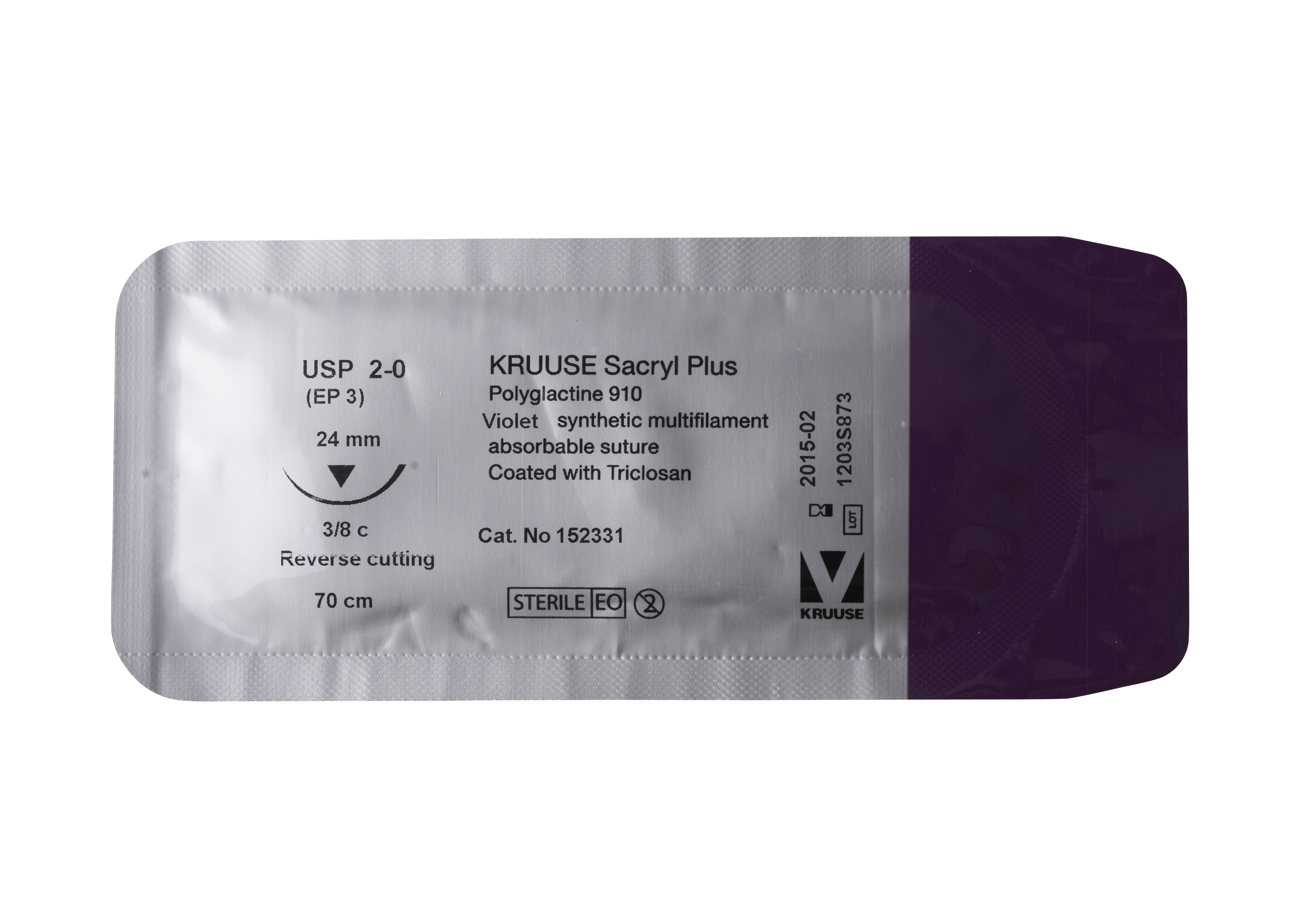 KRUUSE Sacryl Plus Suture, USP 2-0, 70 cm, needle: 24 mm, reverse cutting, 3/8 circle, 18/pk