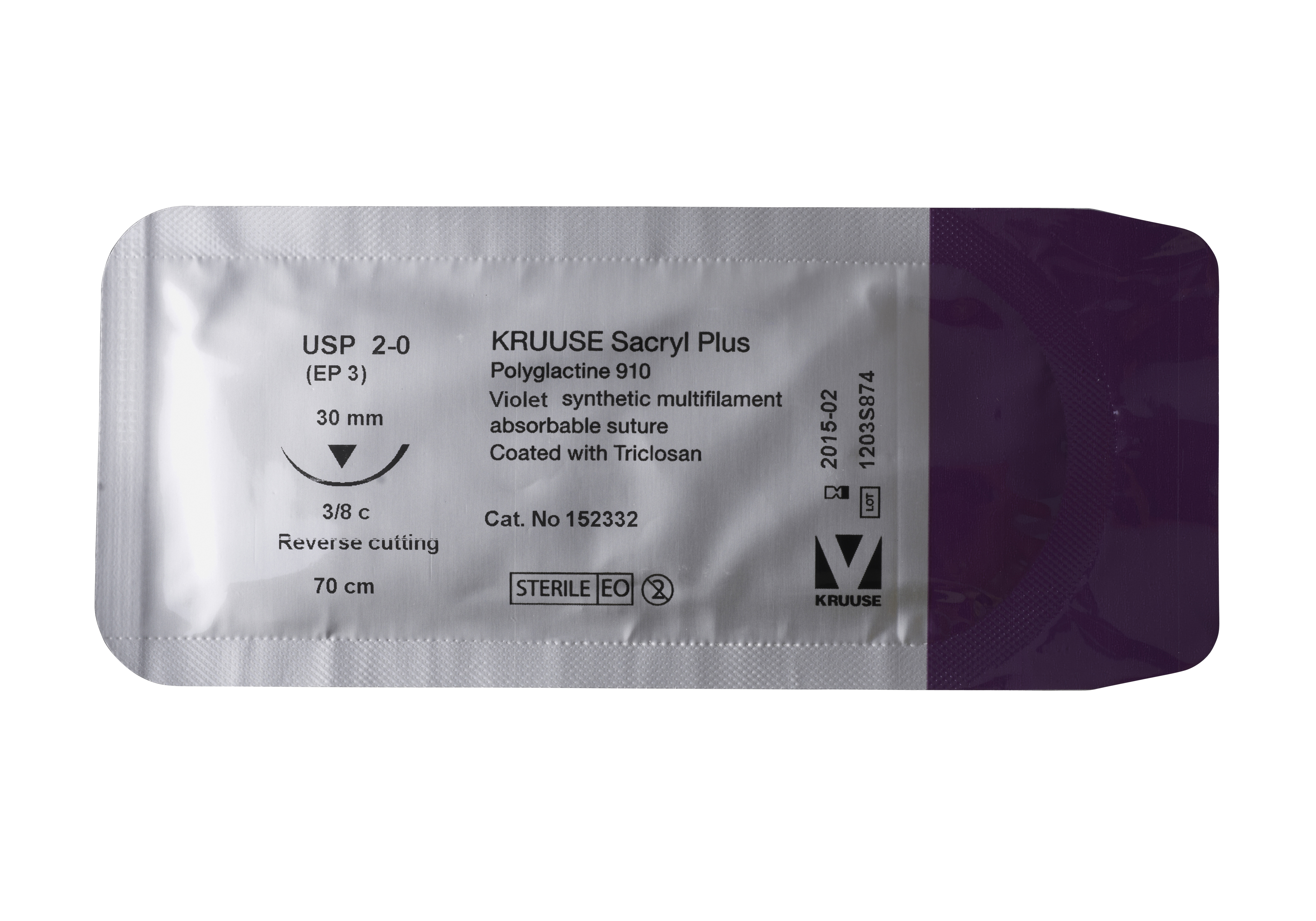 KRUUSE Sacryl Plus Suture, USP 2-0, 70 cm, needle: 30 mm, reverse cutting, 3/8 circle, 18/pk
