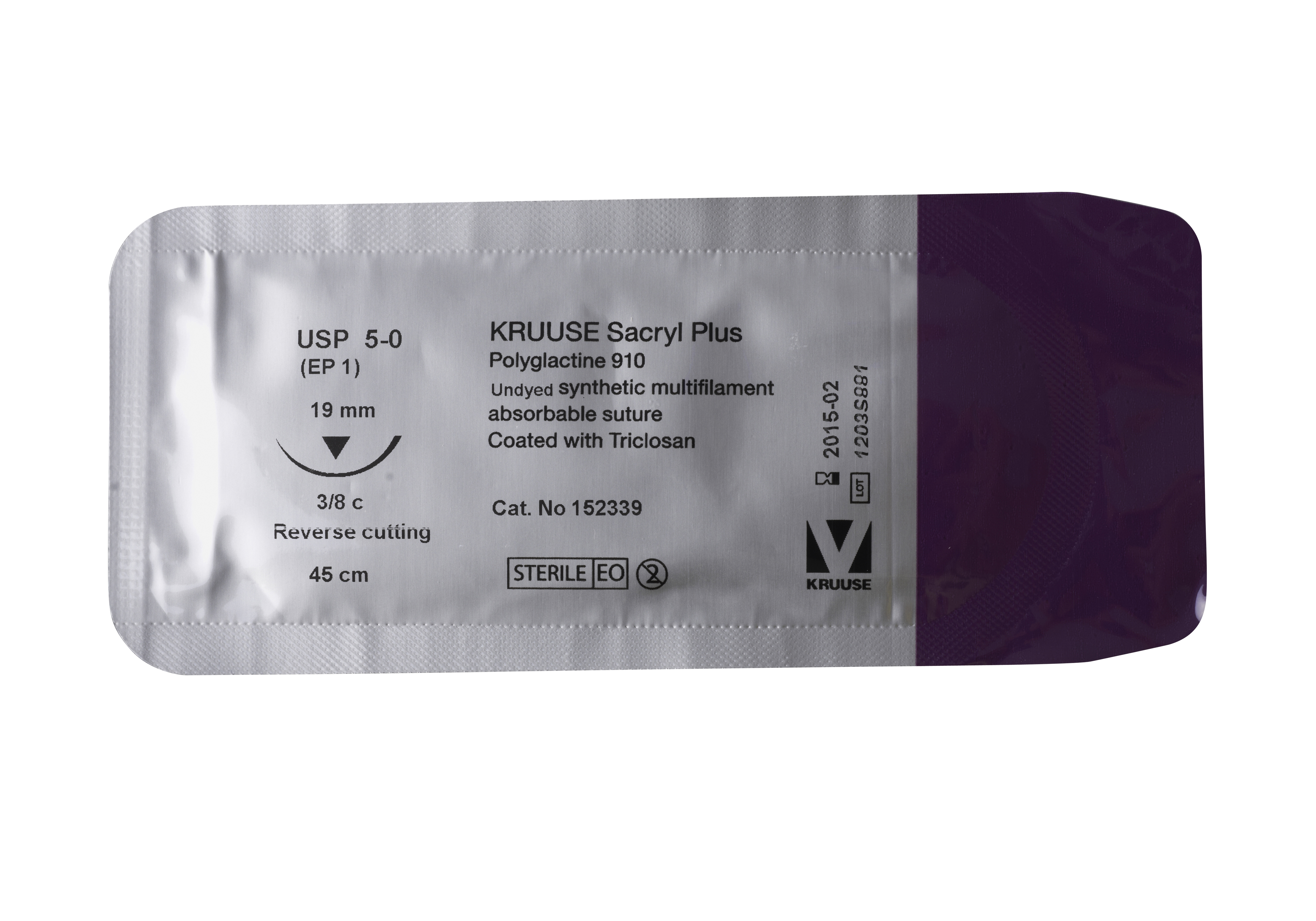 KRUUSE Sacryl Plus Suture, USP 5-0, 45 cm, needle: 19 mm, reverse cutting, 3/8 circle, 18/pk