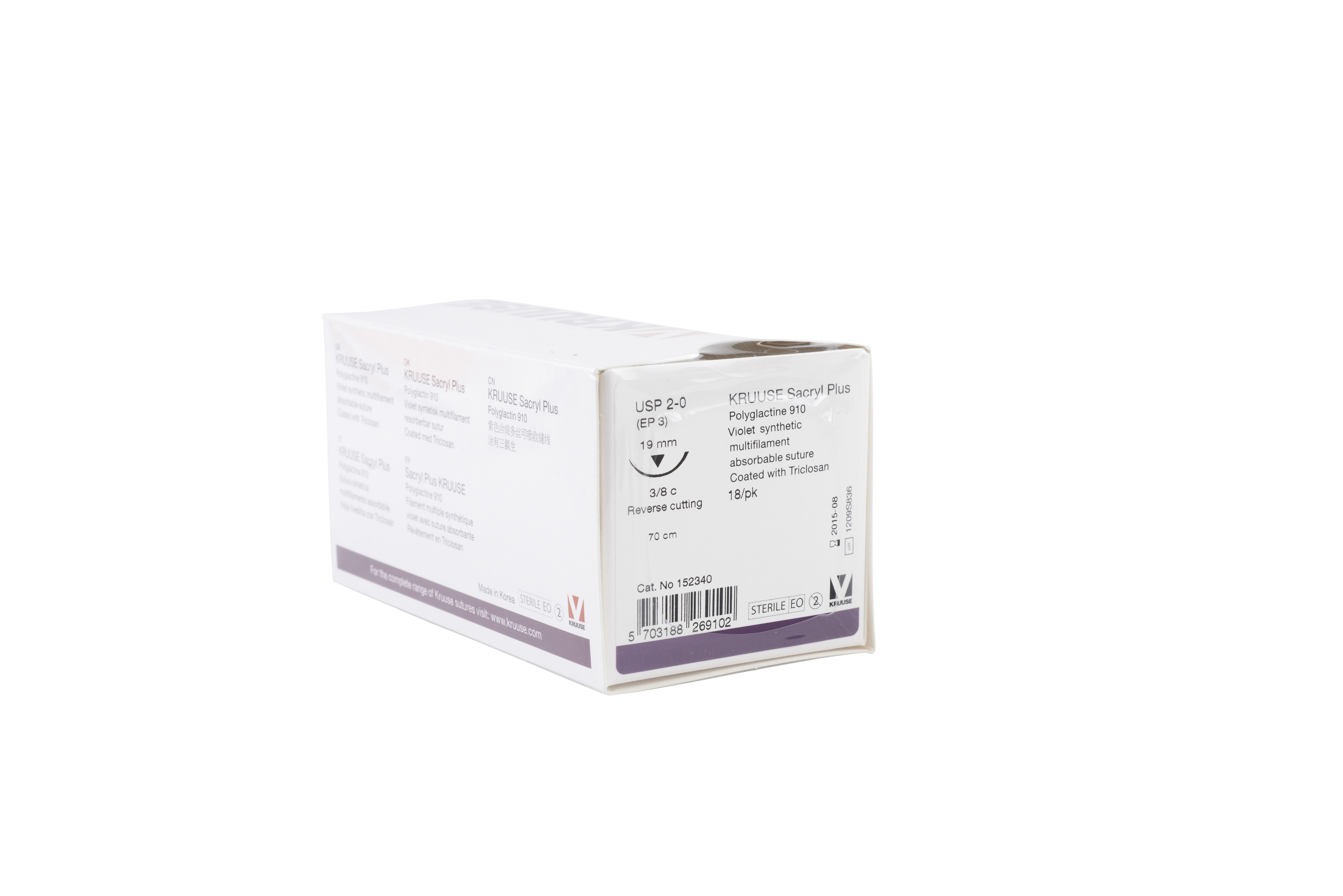 KRUUSE Sacryl Plus Suture, USP 2-0, 70 cm, needle: 19 mm, 3/8 circle, reverse cutting, 18/pk