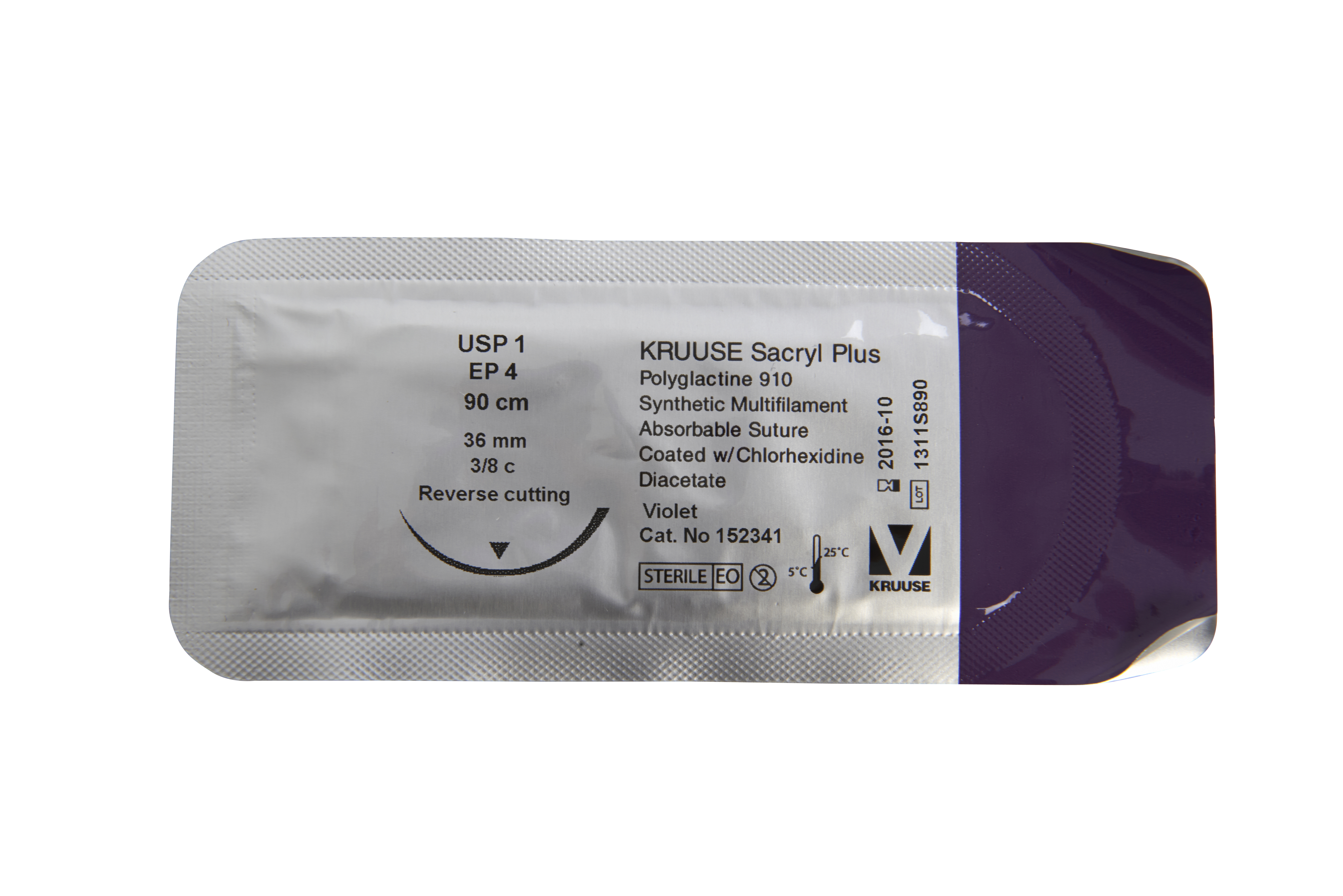 KRUUSE Sacryl Plus Suture, USP 1, 90 cm, 36 mm, 3/8C, RC, 18/pk