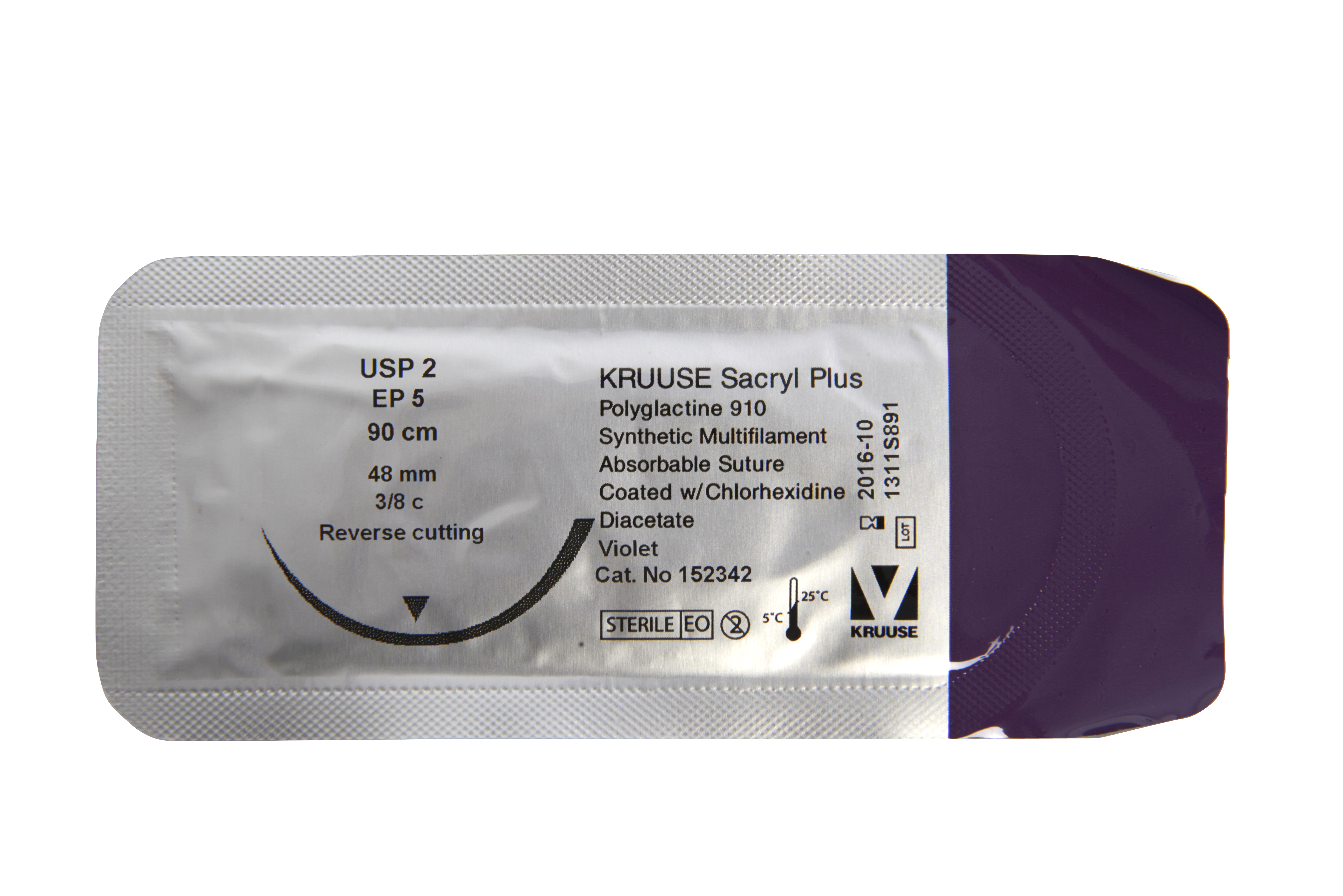 KRUUSE Sacryl Plus Suture, USP 2, 90 cm, 48 mm, 3/8C, RC, 18/pk