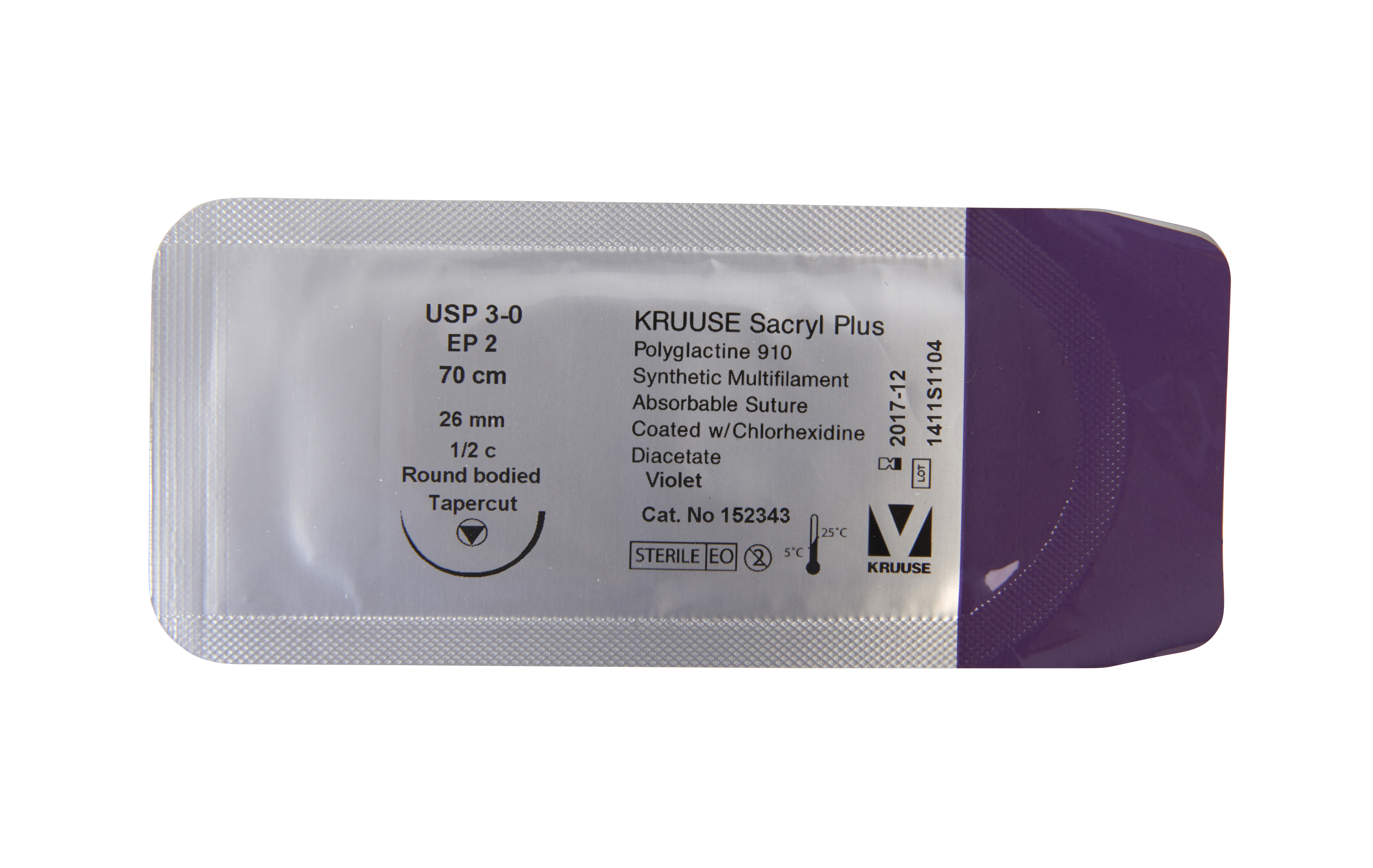KRUUSE Sacryl Plus Suture, USP 3-0, 70 cm, violet, 26 mm needle, ½C round bodied tapercut, 18/pk
