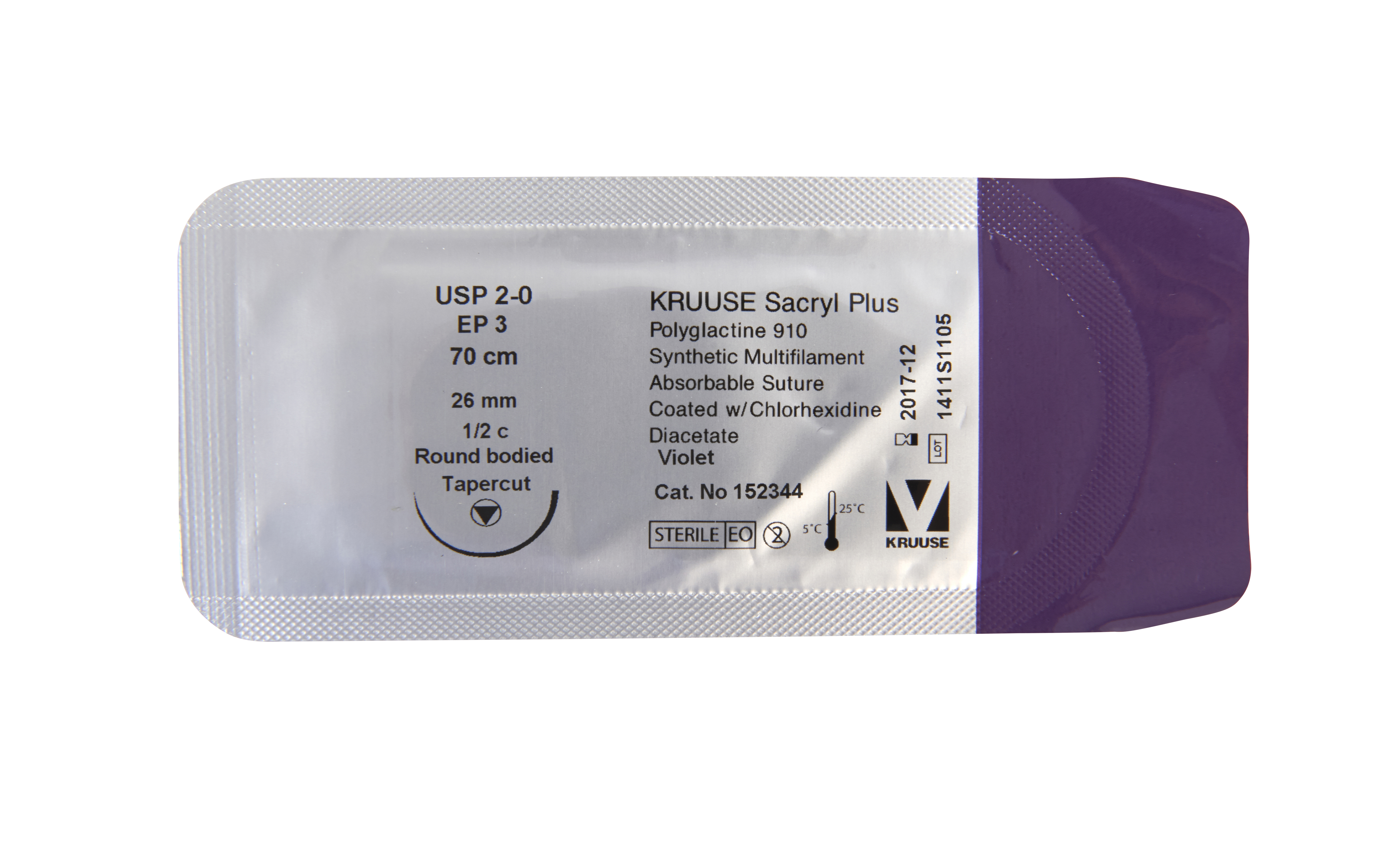 KRUUSE Sacryl Plus Suture, USP 2-0, 70 cm, violet, 26 mm needle, ½C, round bodied tapercut, 18/pk