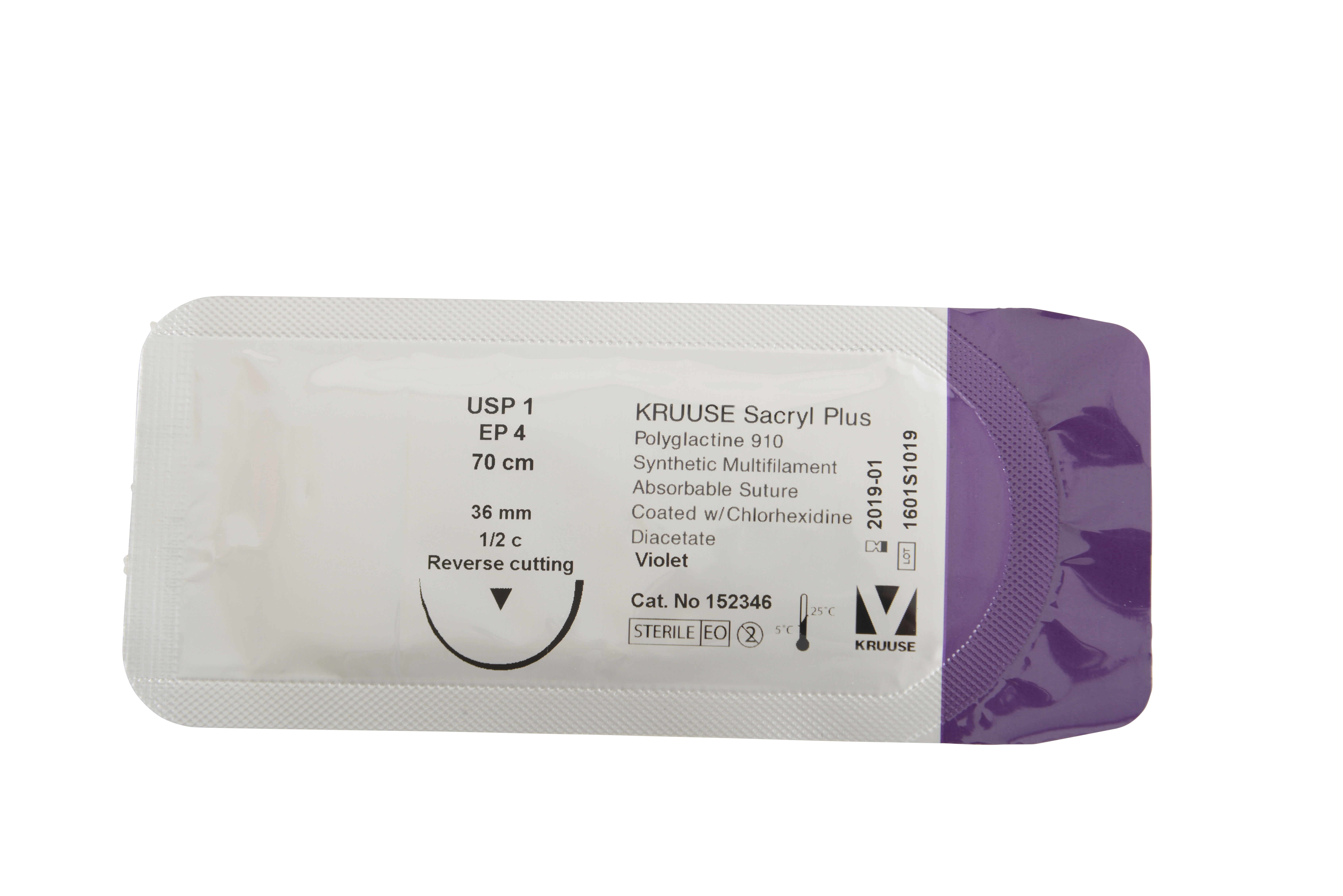 KRUUSE Sacryl Plus Suture, USP 1, 70 cm, 36 mm needle, ½ C, reverse cutting, 18/pk