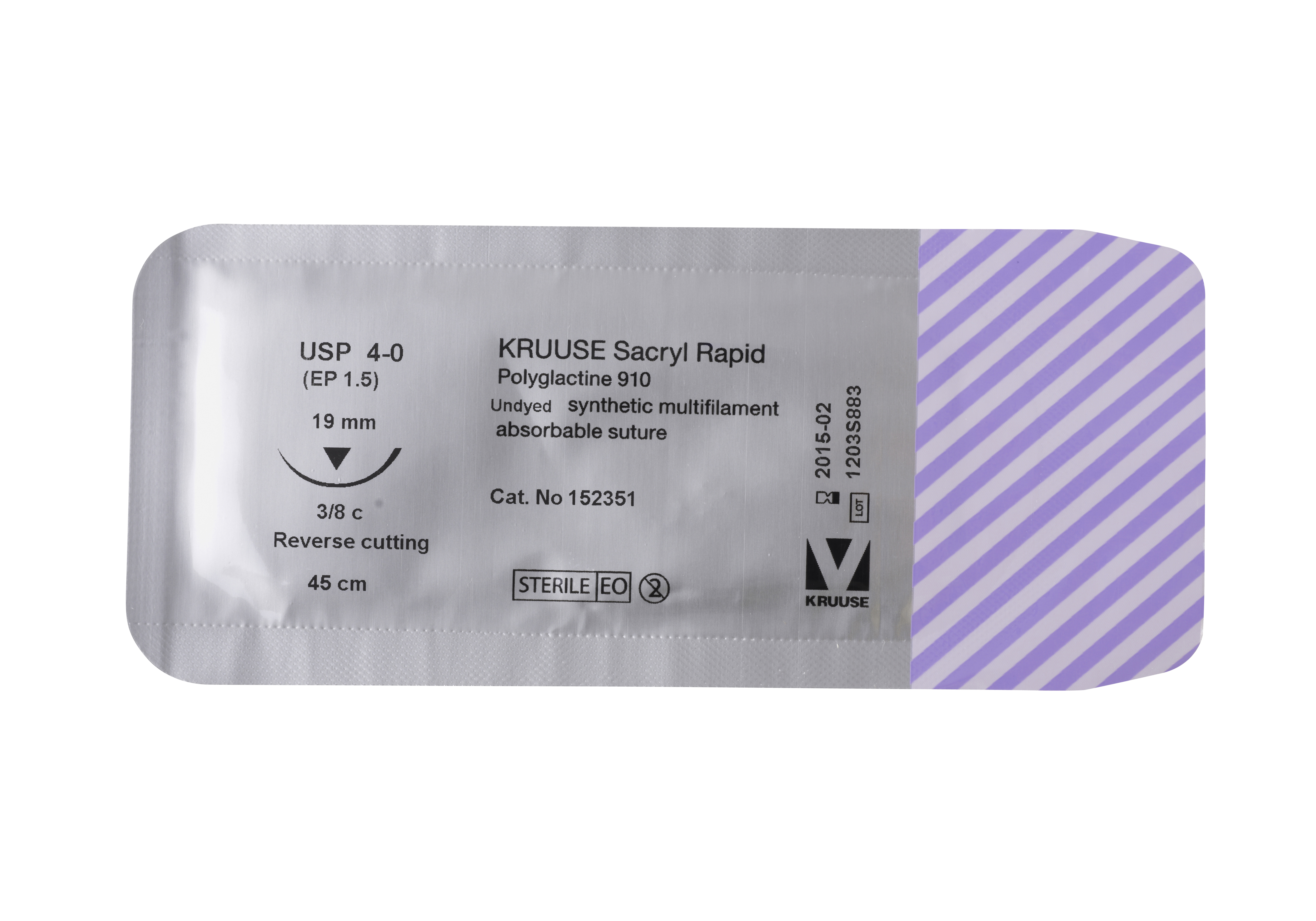 KRUUSE Sacryl Rapid Suture, USP 4-0, 45 cm, needle: 19 mm, reverse cutting, 3/8 circle, 18/pk