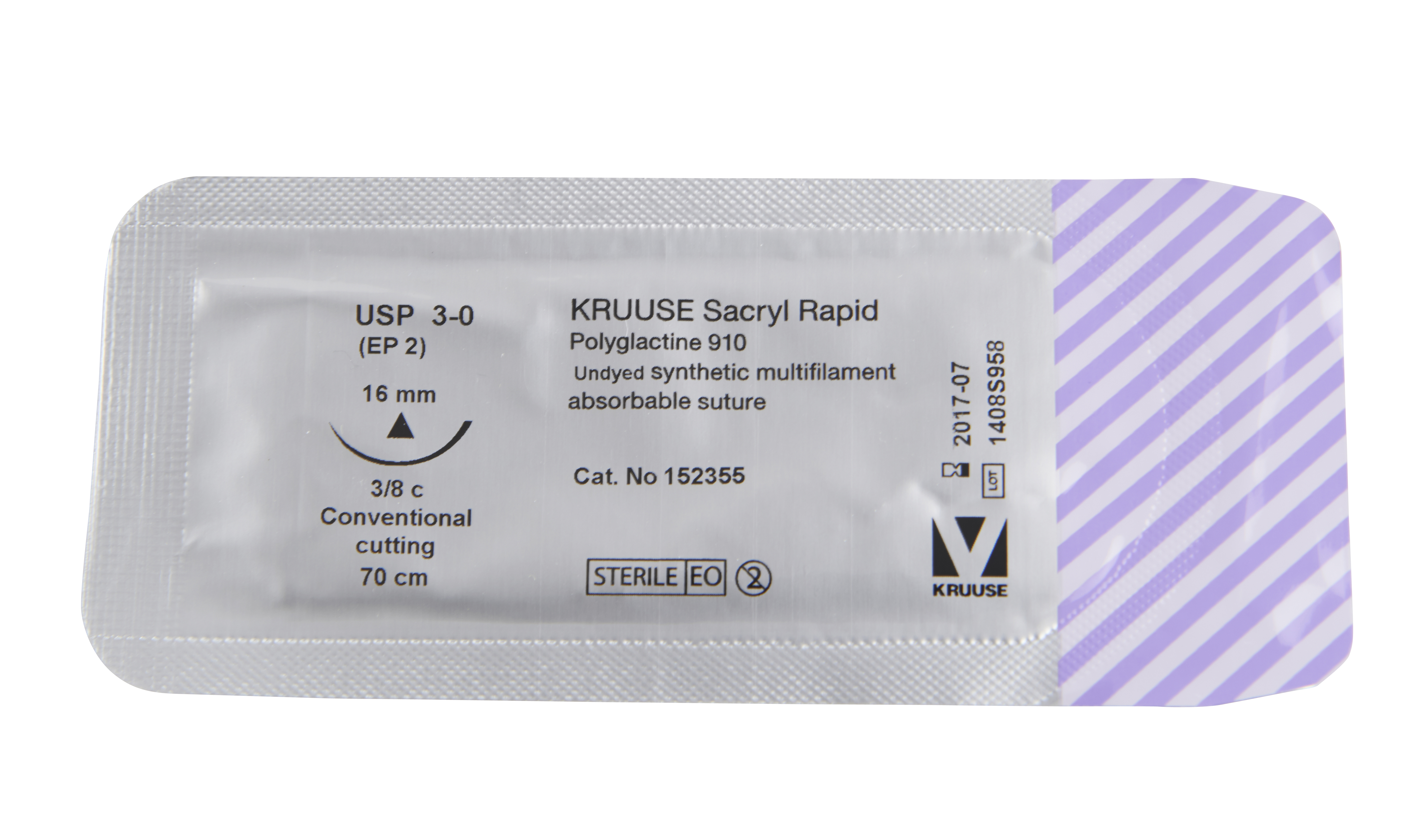 KRUUSE Sacryl Rapid Suture, USP 3-0, 70 cm, undyed, 16 mm, 3/8 C, CC, 18/pk