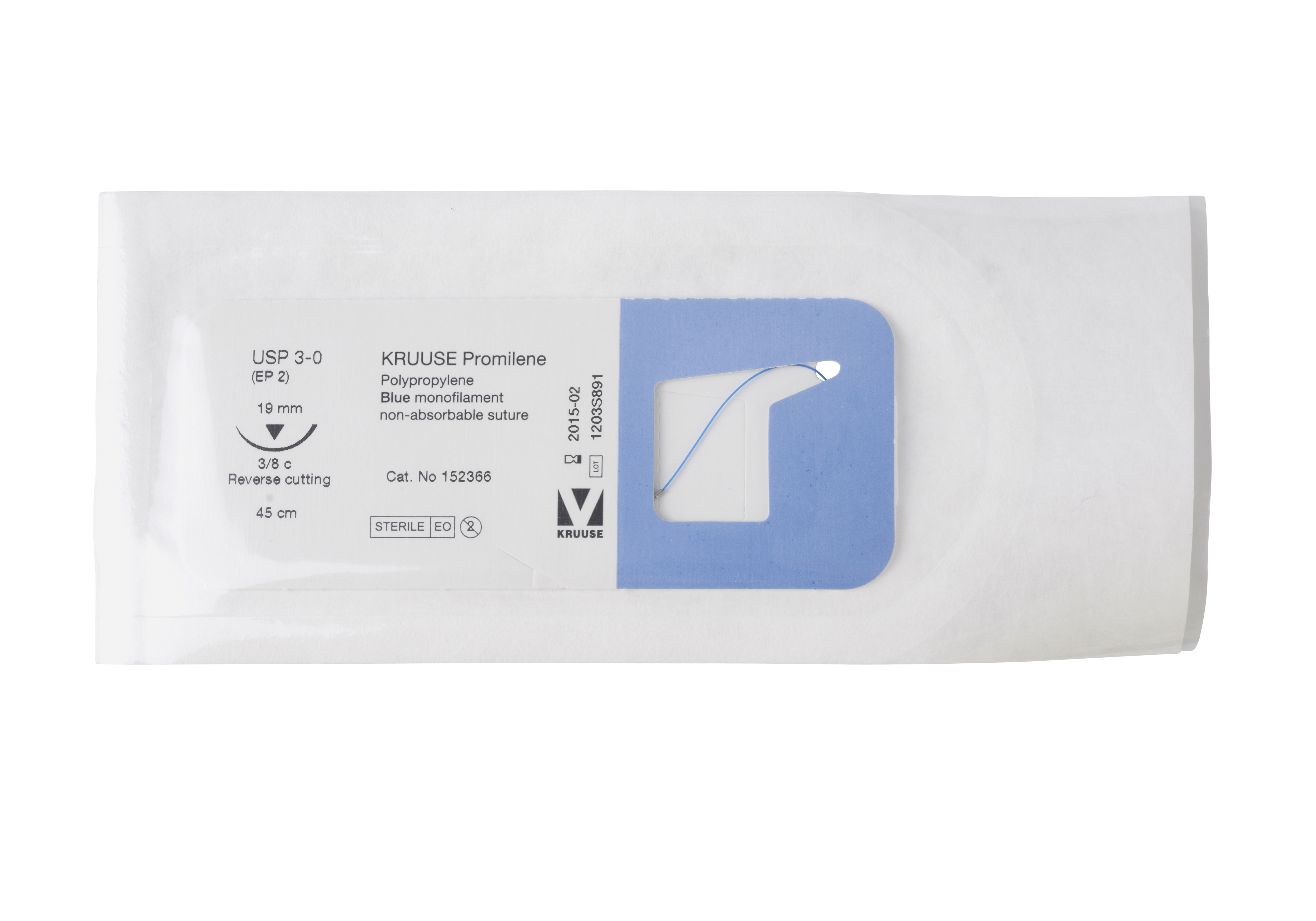 KRUUSE Promilene suture, USP 3-0, 45 cm, needle: 19 mm, reverse cutting, 3/8 circle, 18/pk