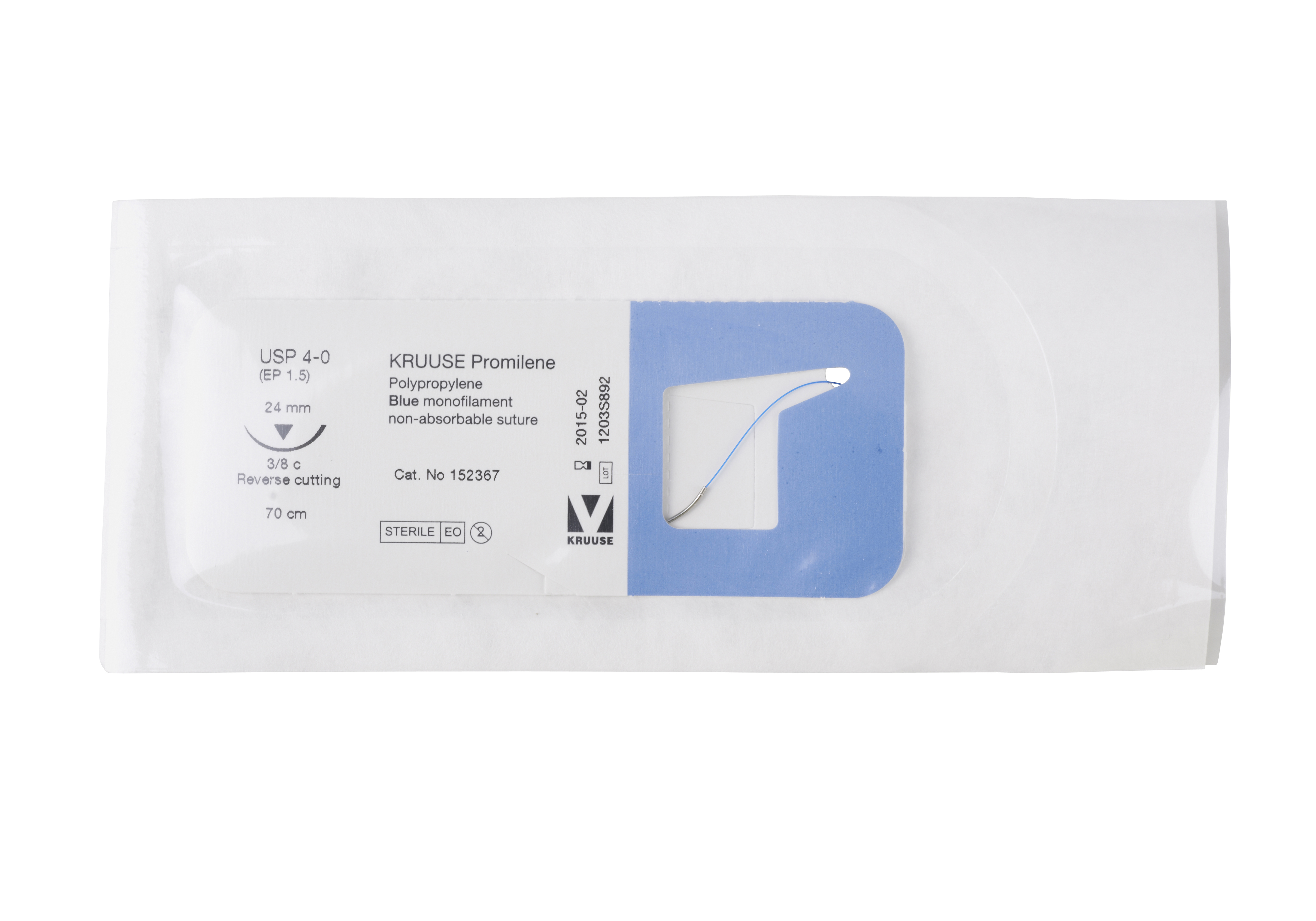 KRUUSE Promilene suture, USP 4-0, 70 cm, needle: 24 mm, reverse cutting, 3/8 circle. 18/pk