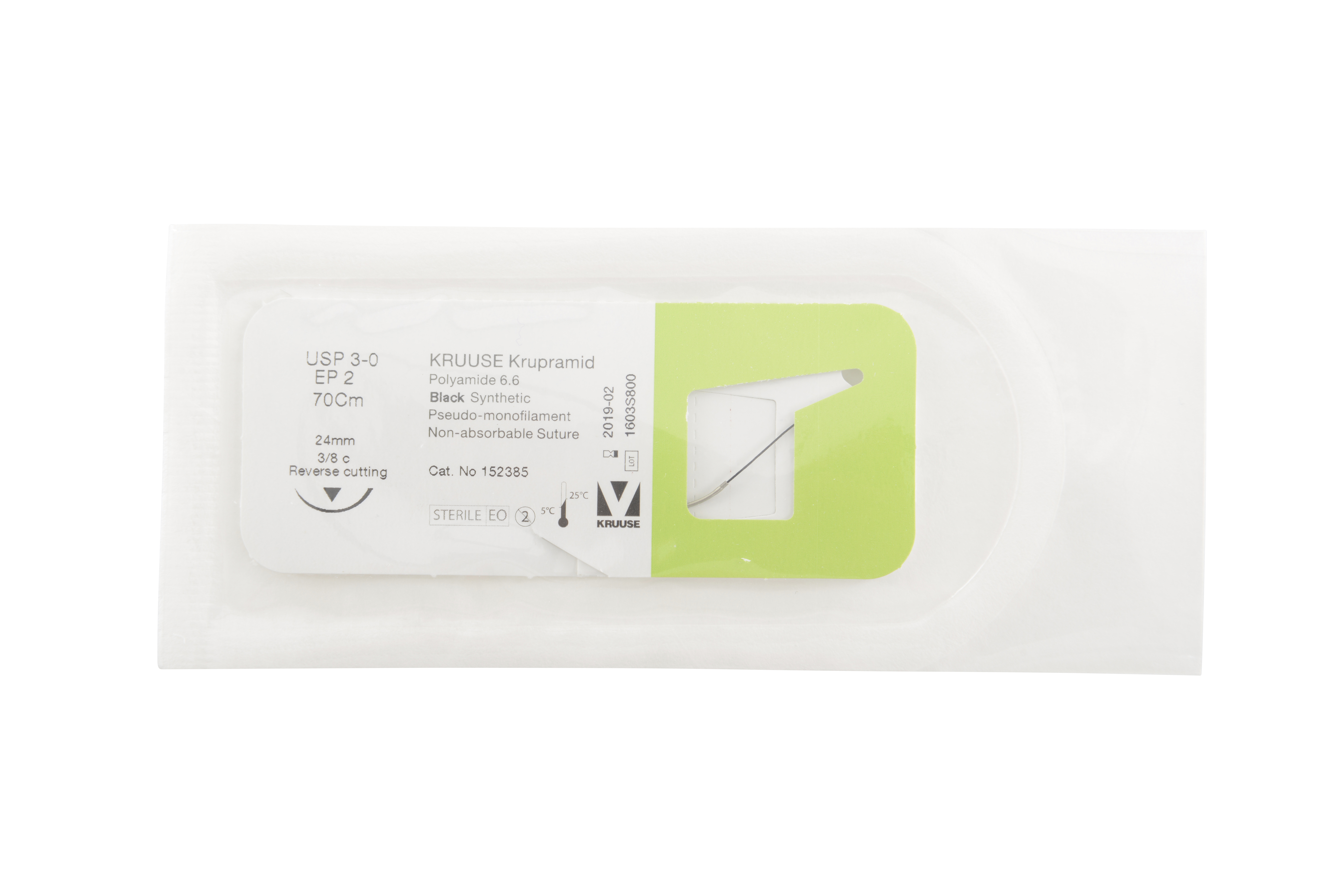 KRUUSE Krupramid Suture, USP 3-0, 70 cm, black, 24 mm needle, 3/8 C, RC, 18/pk
