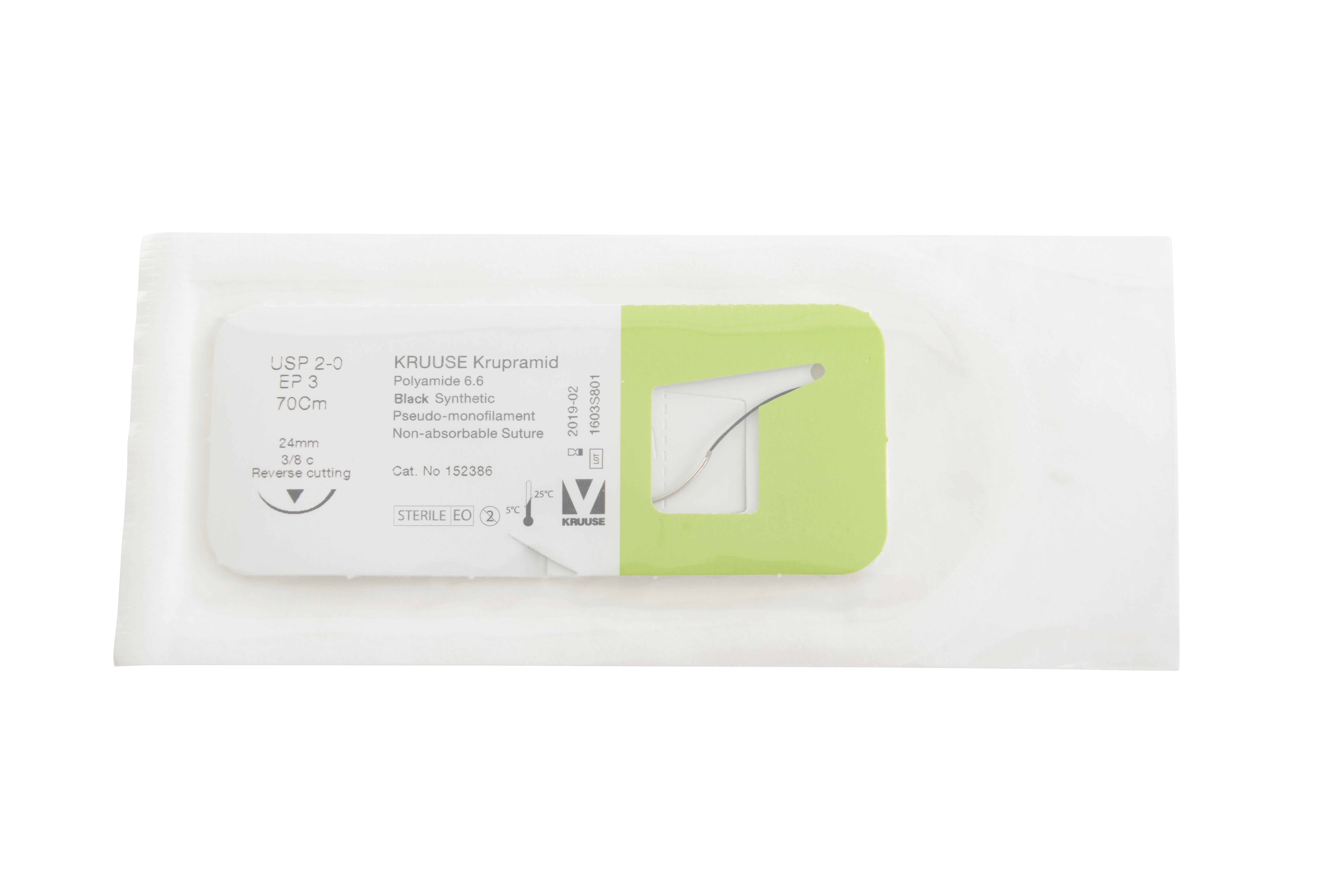 KRUUSE Krupramid Suture, USP 2-0, 70 cm, black, 24 mm needle, 3/8 C, RC, 18/pk
