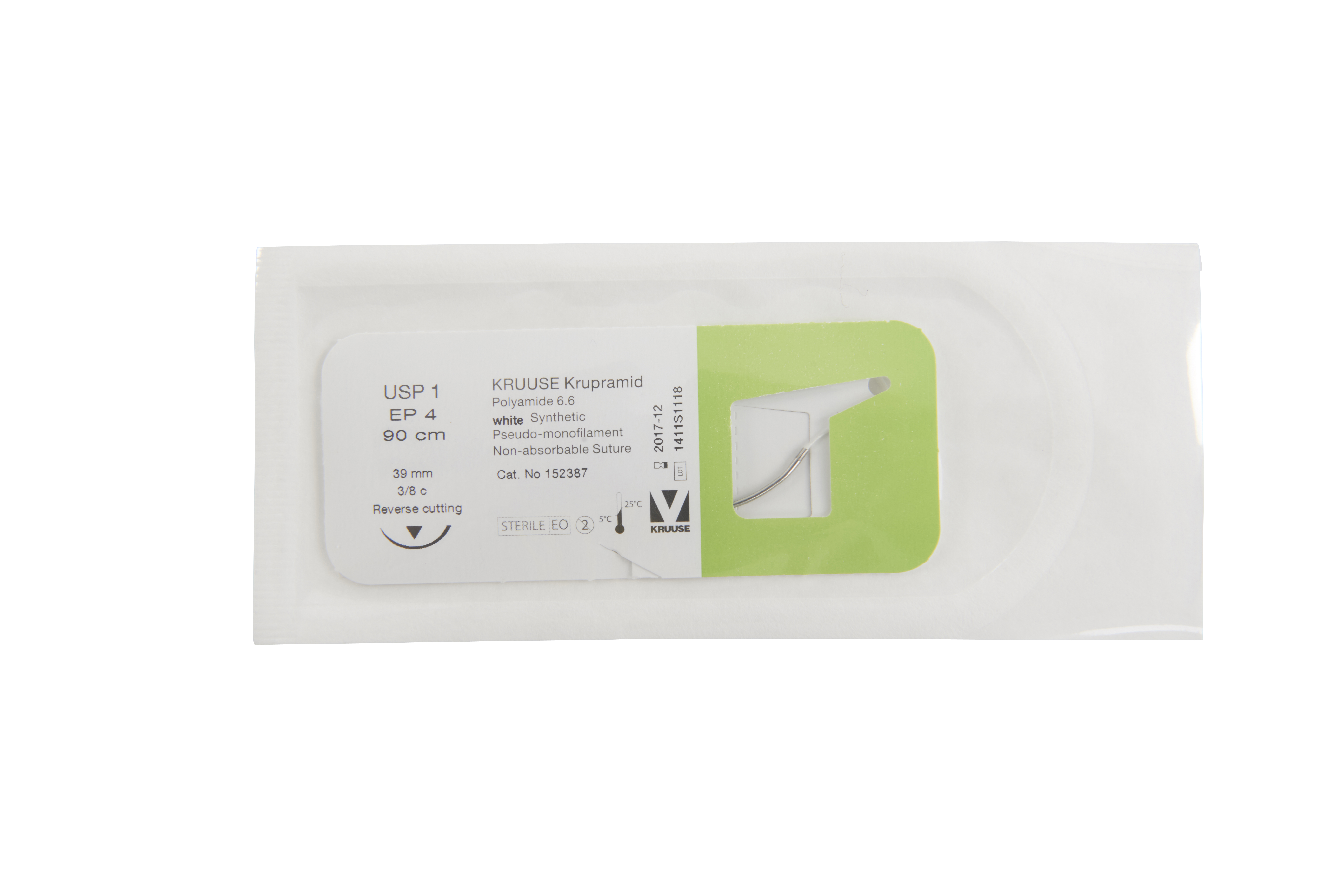 KRUUSE Krupramid Suture, USP 1, 90 cm, white, 39 mm needle, 3/8 C, RC, 18/pk