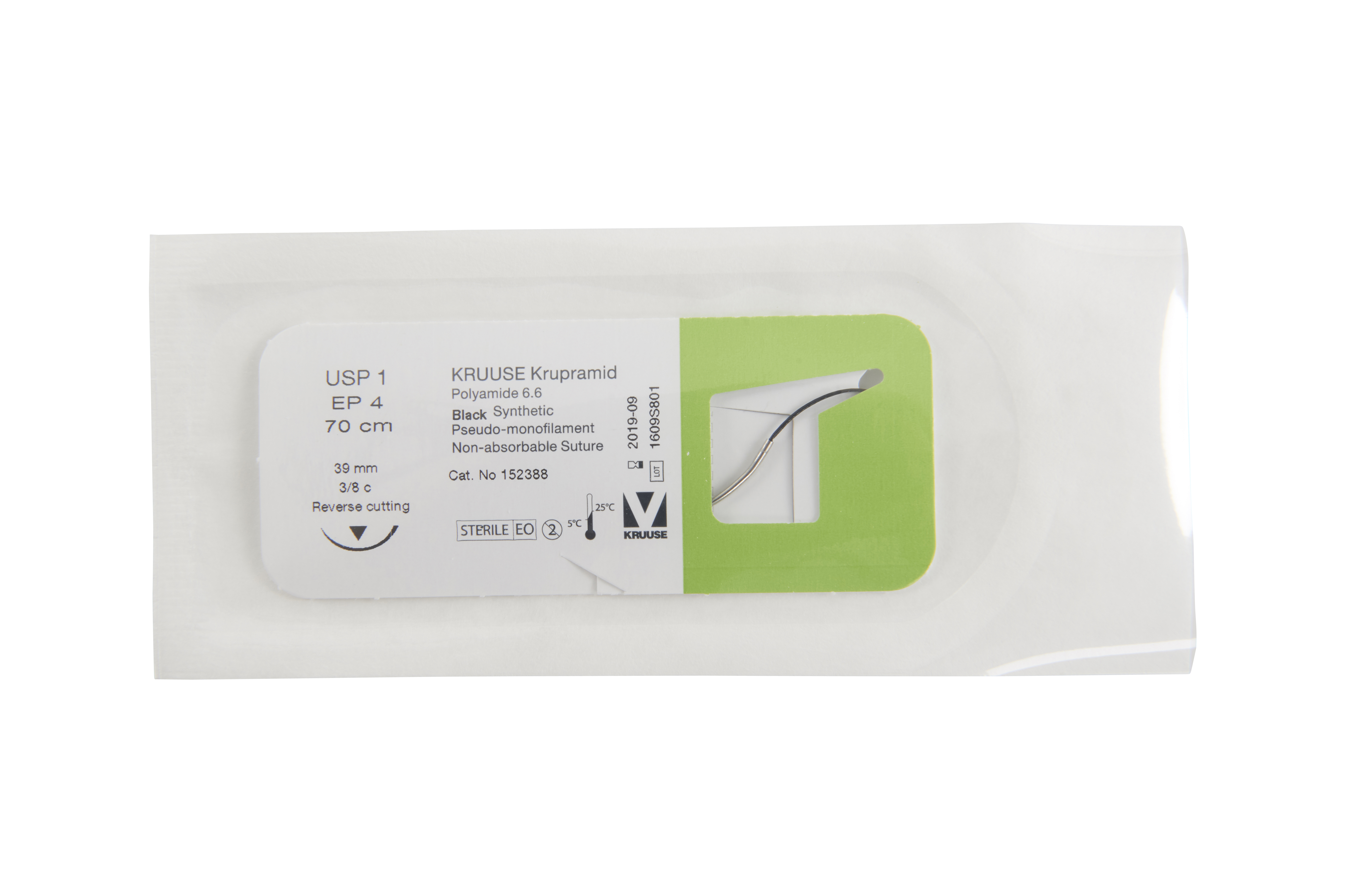 KRUUSE Krupramid Suture, USP 1, 70 cm, black, 39 mm, 3/8 C, RC, 18/pk