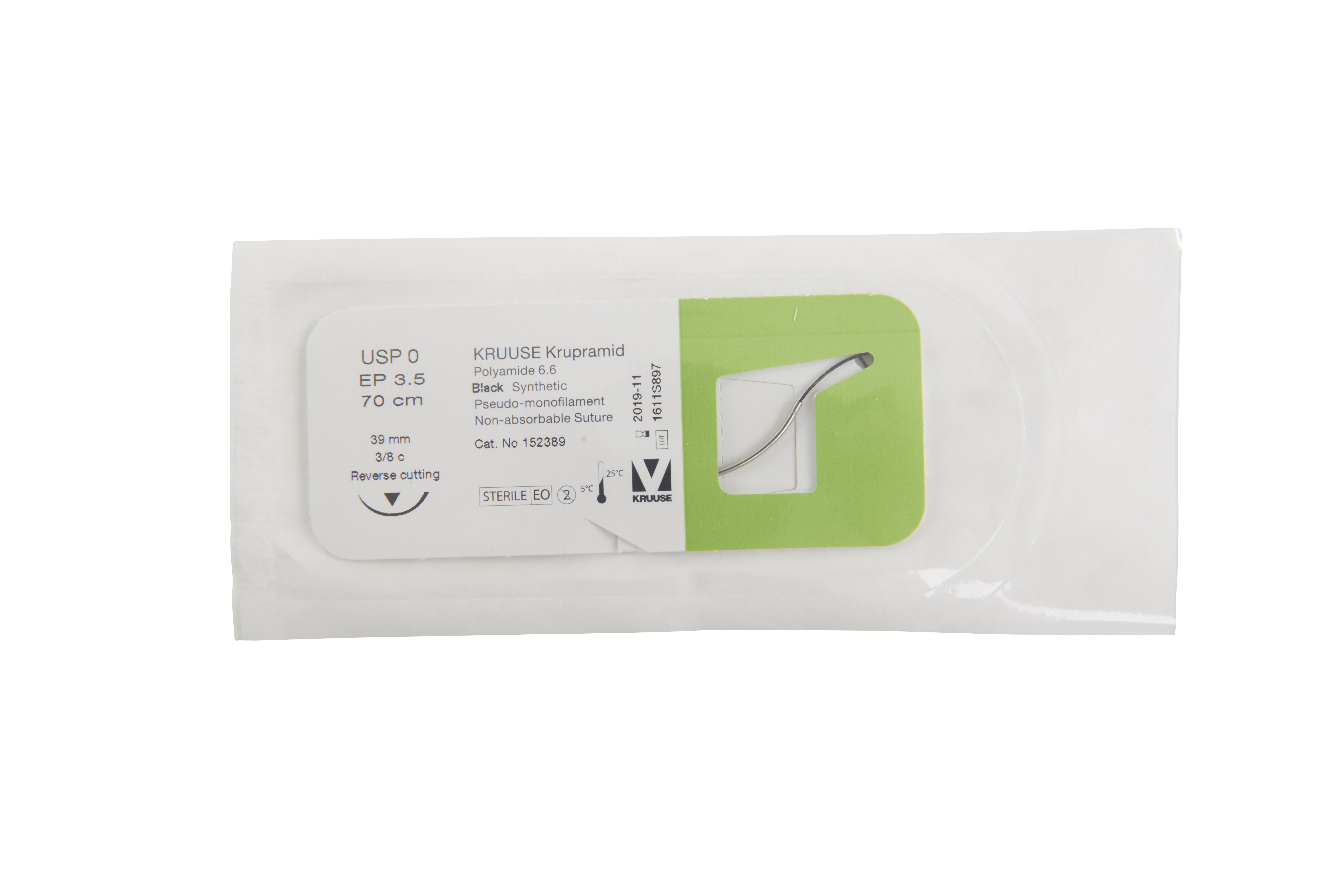 KRUUSE Krupramid Suture, USP 0, 70 cm, black, 39 mm, 3/8 C, RC, 18/pk