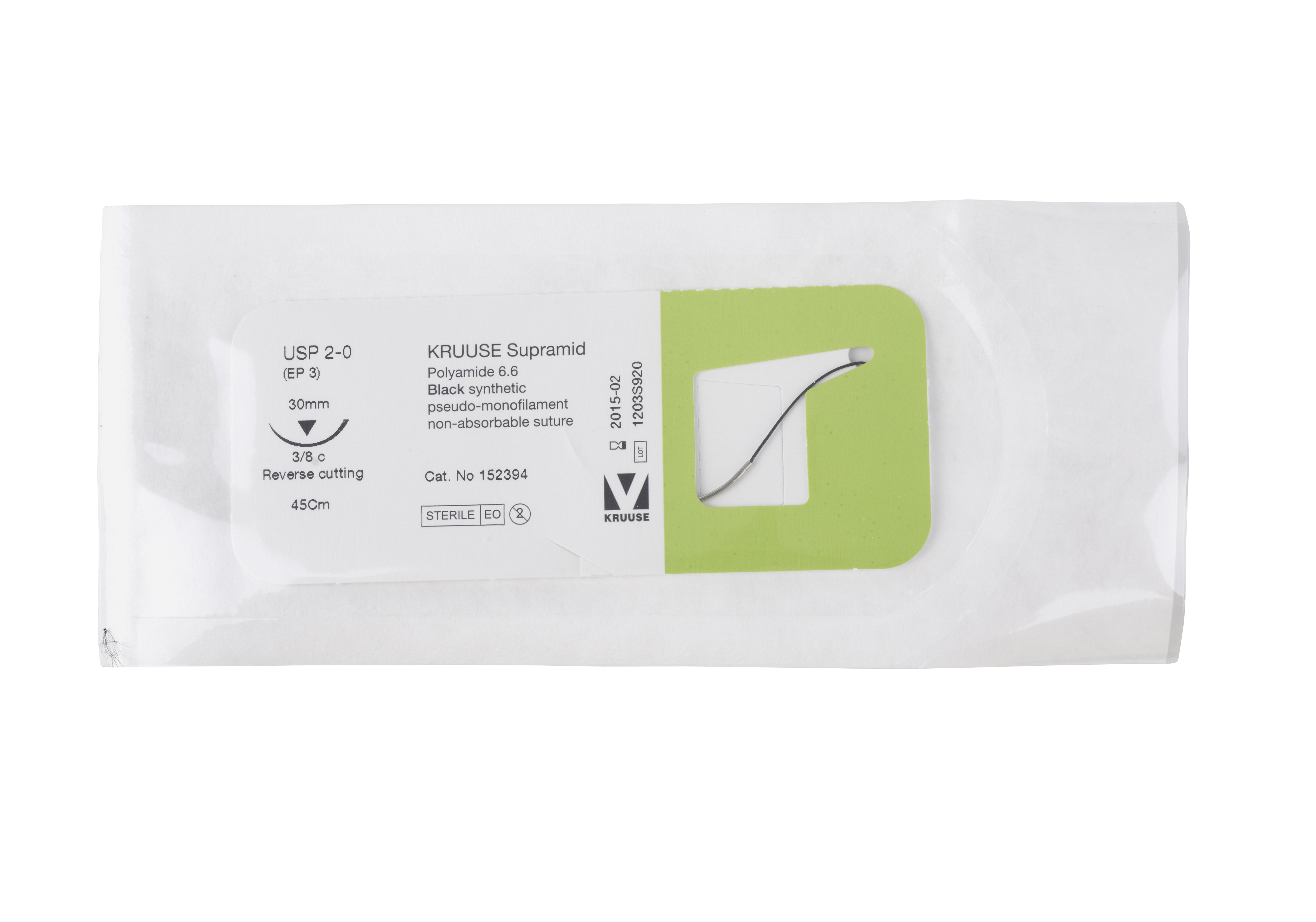 KRUUSE Krupramid suture, USP 2-0, 45 cm, black, neddle: 30 mm, 3/8 circle, reverse cutting, 18/pk