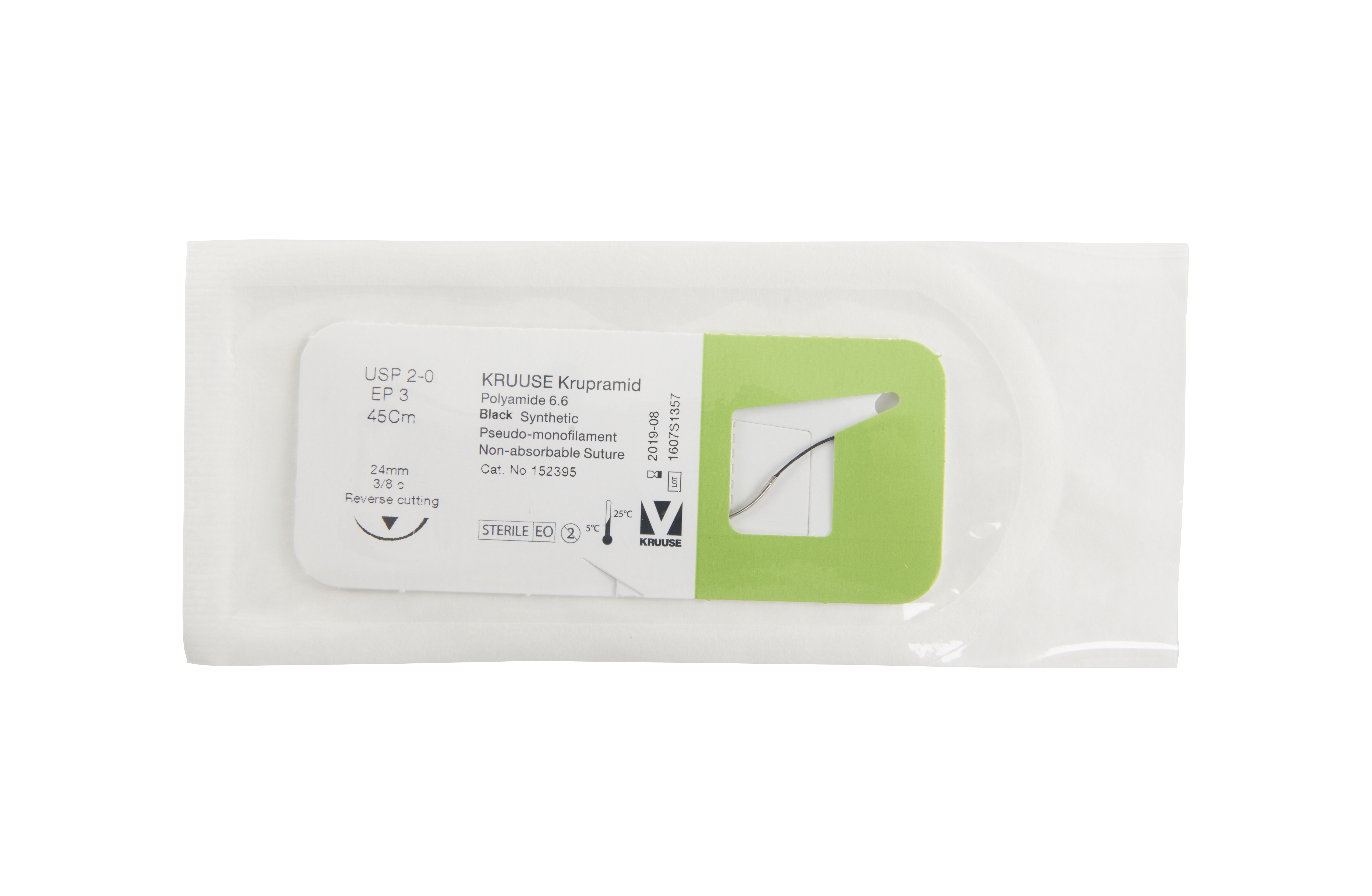KRUUSE Krupramid Suture, USP 2-0, 45 cm, black, needle: 24 mm, 3/8 circle, reverse cutting, 18/pk
