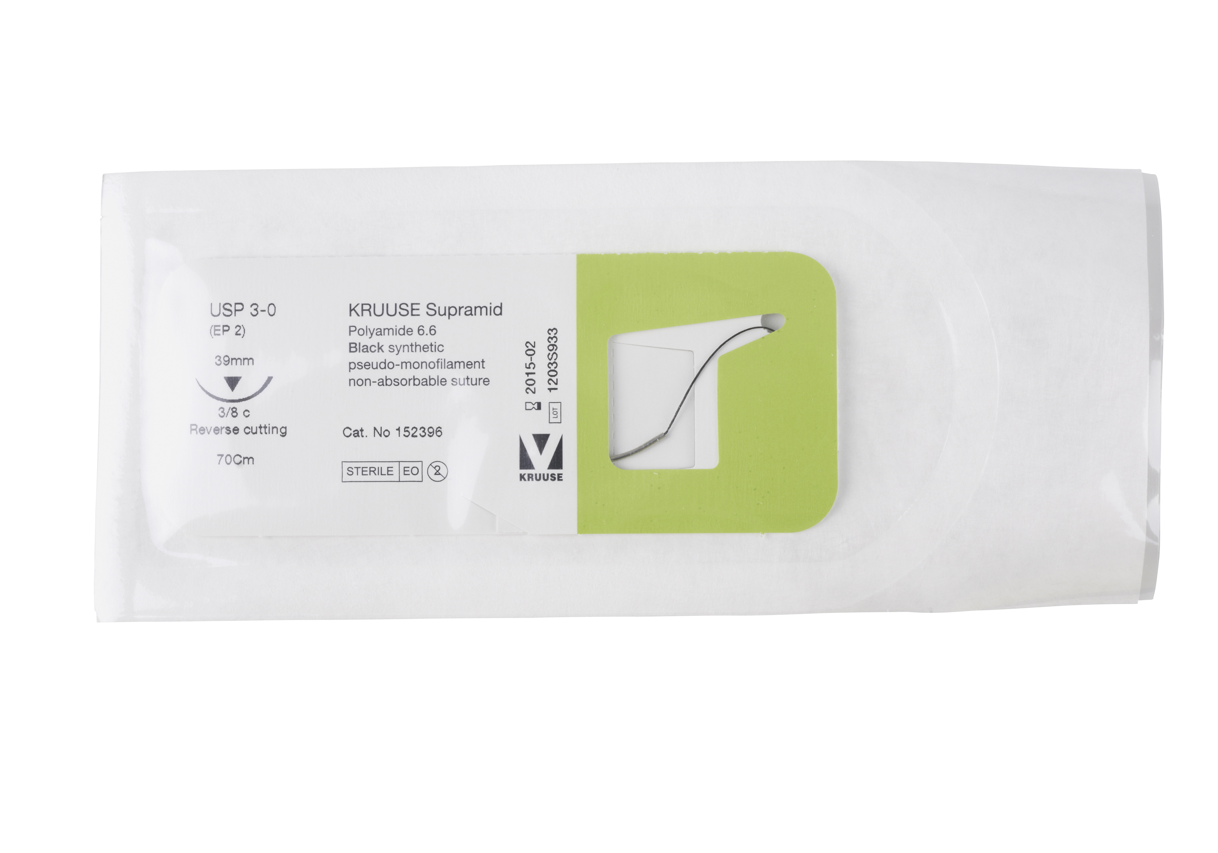 KRUUSE Krupramid Suture, USP 3-0, 70 cm, black, needle: 39 mm, 3/8 circle, reverse cutting, 18/pk