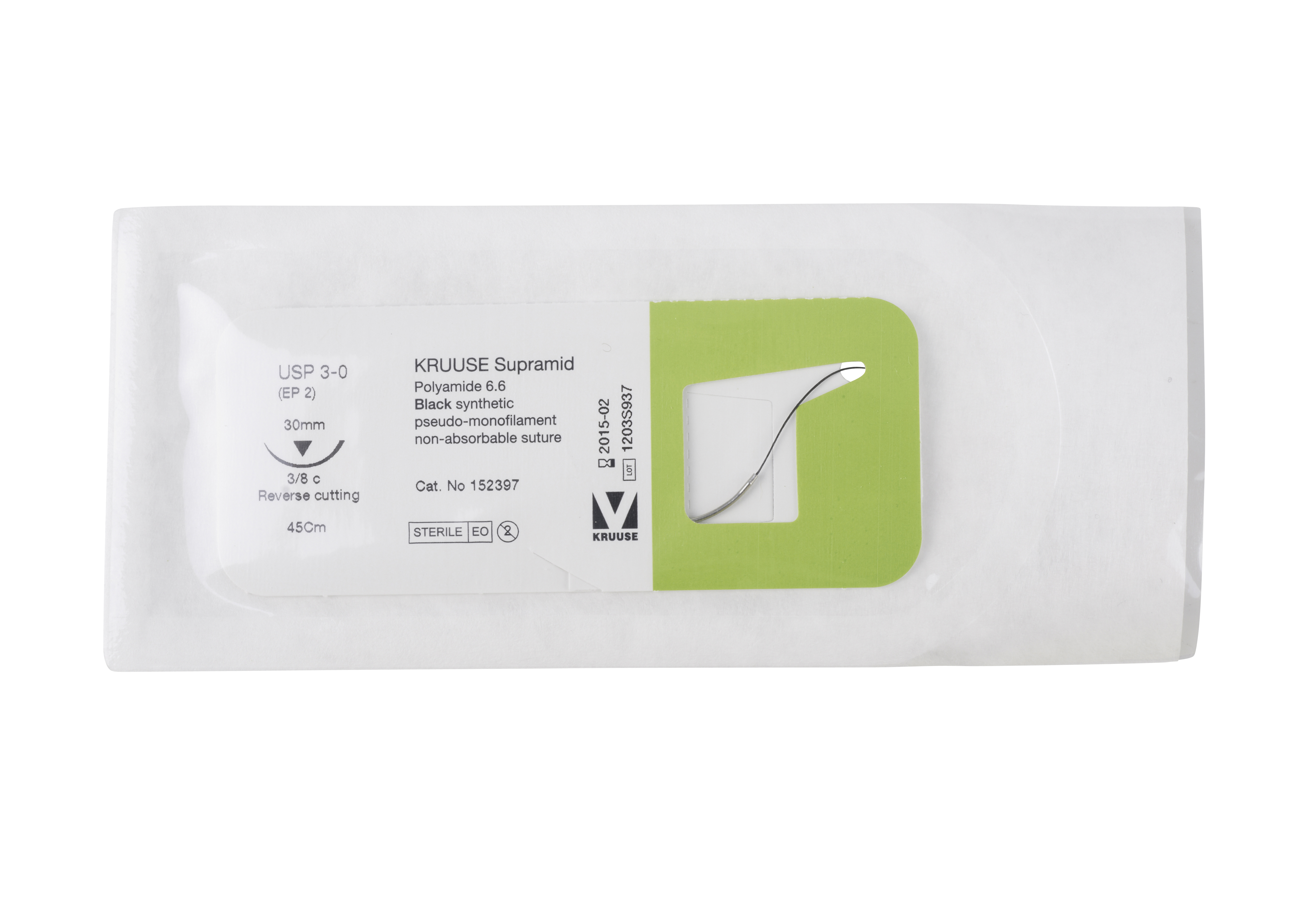 KRUUSE Krupramid Suture, USP 3-0, 45 cm, black, needle: 30 mm, 3/8 circle, reverse cutting, 18/pk