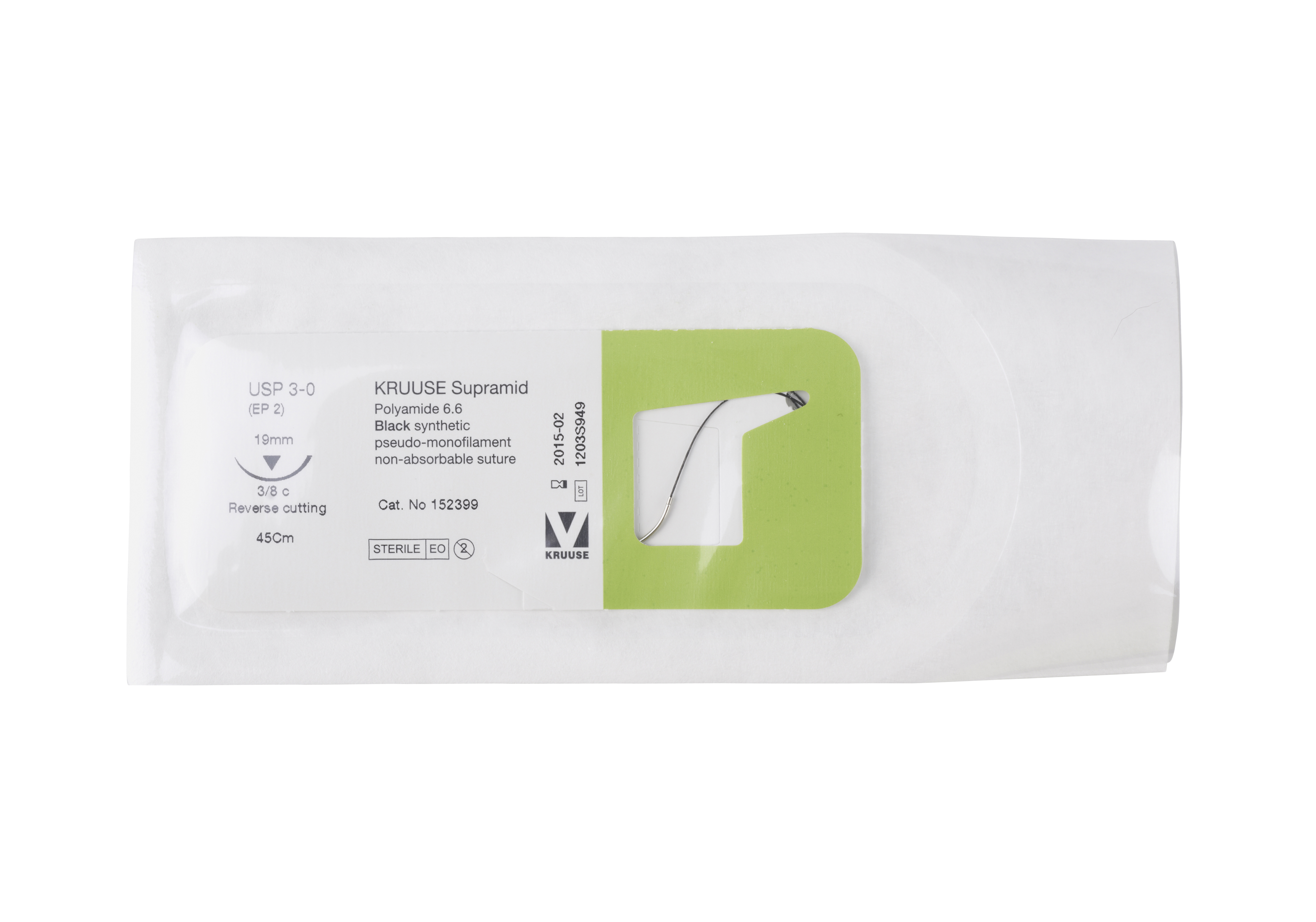 KRUUSE Krupramid Suture USP 3-0, 45 cm, black, needle: 19 mm, 3/8 circle, reverse cutting, 18/pk