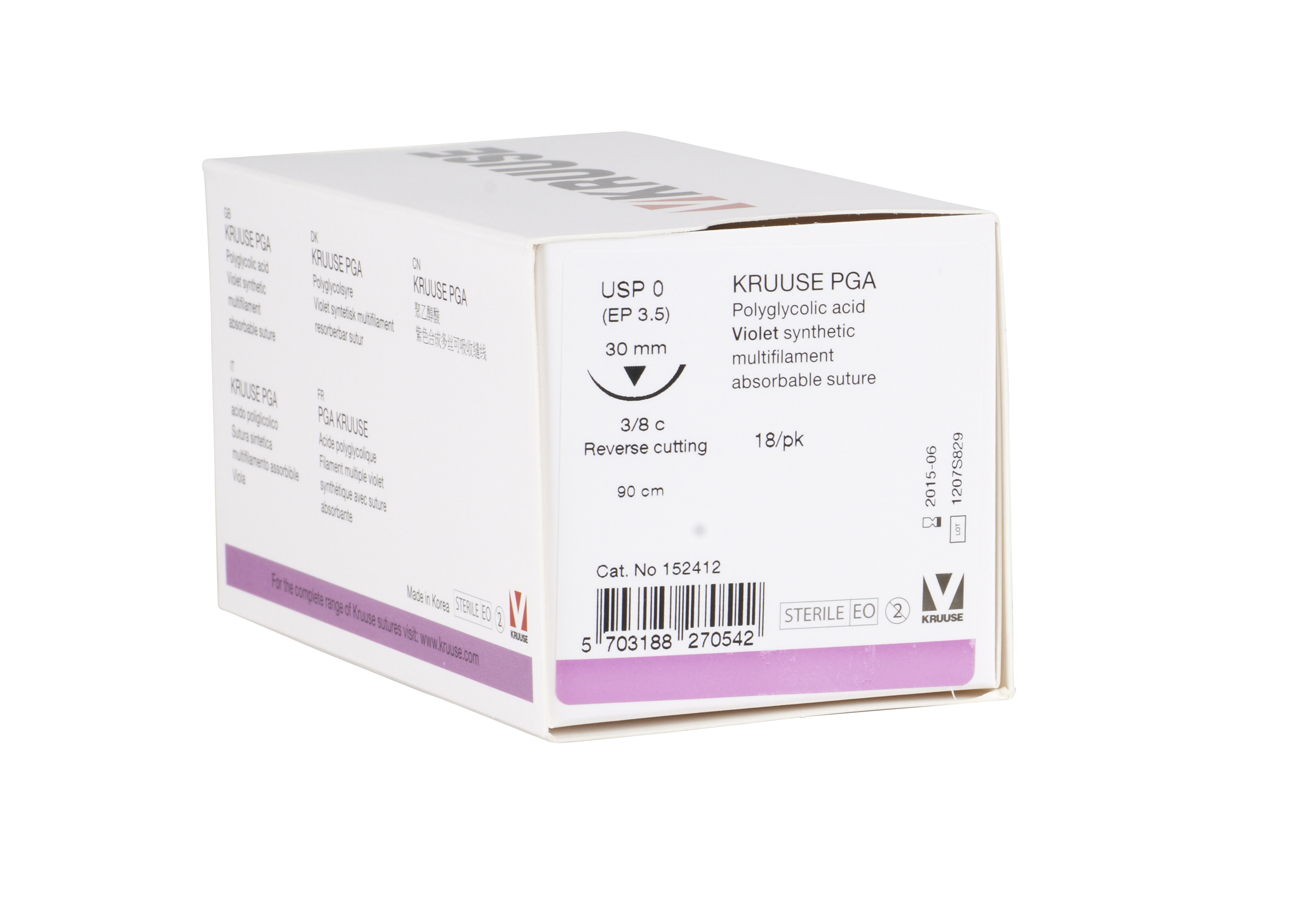 KRUUSE PGA Suture, USP 0, 90 cm, needle: 30 mm, 3/8 circle, reverse cutting, 18/pk